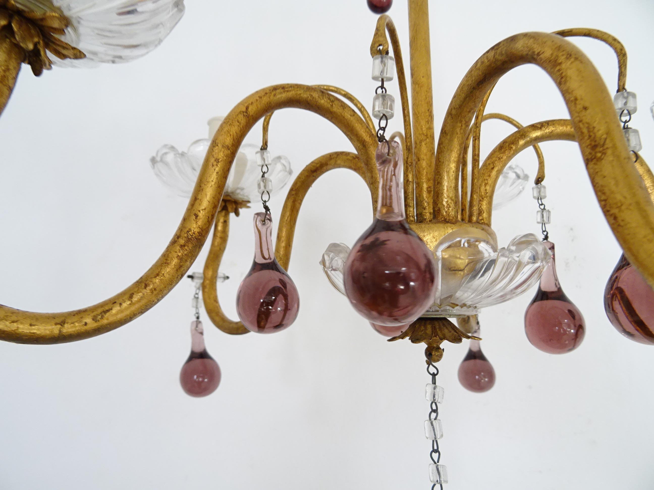 Early 20th Century French Amethyst Murano Drops Crystal Bobeches Chandelier, c 1920 For Sale
