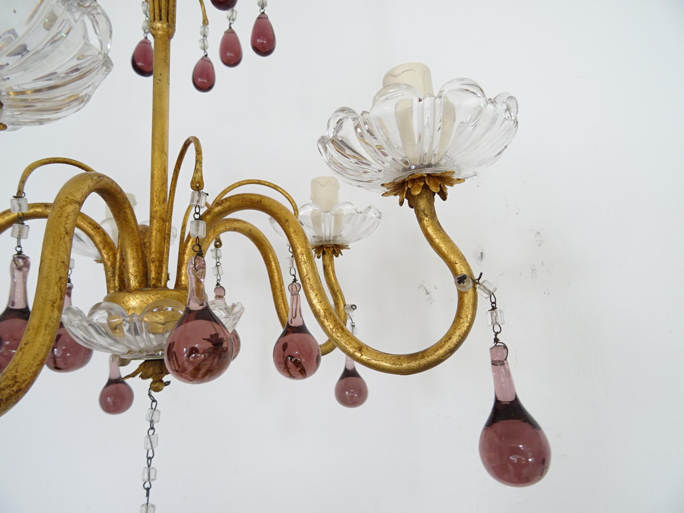 French Amethyst Murano Drops Crystal Bobeches Chandelier, c 1920 For Sale 1