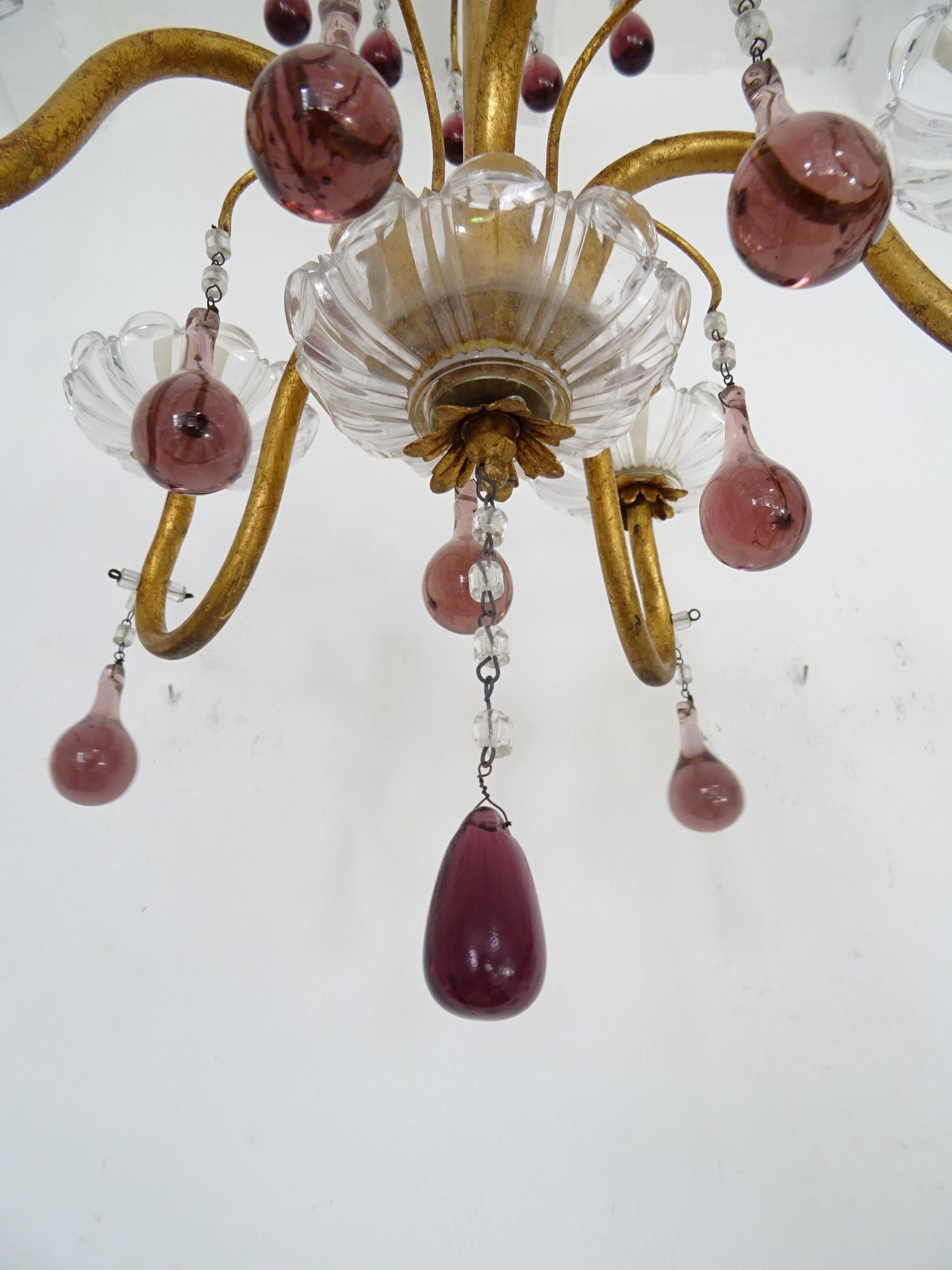 French Amethyst Murano Drops Crystal Bobeches Chandelier, c 1920 For Sale 2