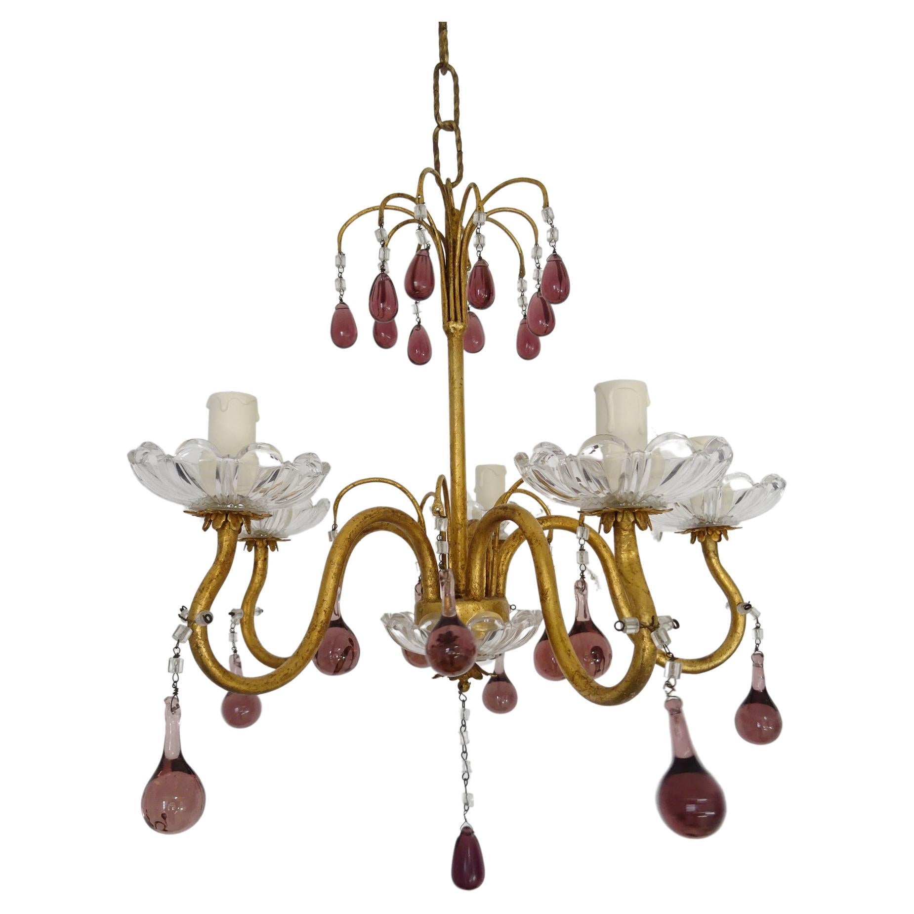 French Amethyst Murano Drops Crystal Bobeches Chandelier, c 1920 For