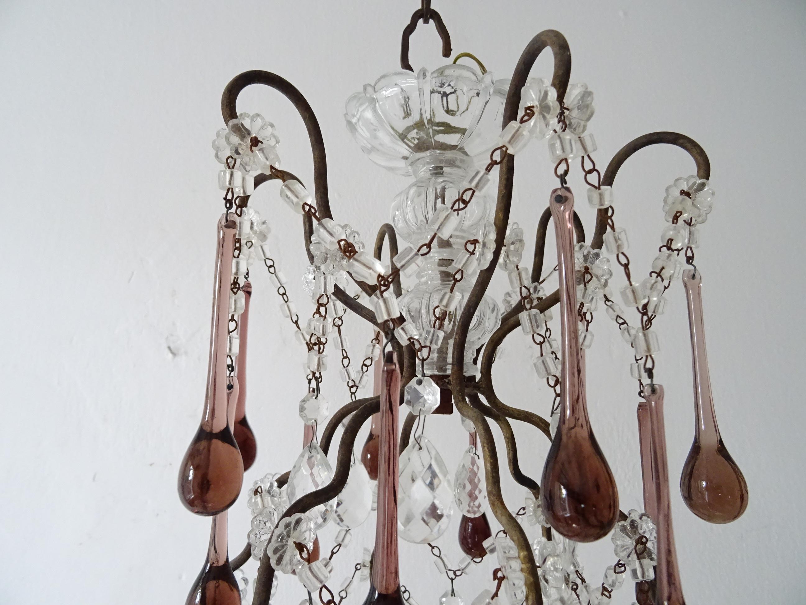 Mid-20th Century French Amethyst Murano Drops Crystal Chandelier, circa 1930 For Sale