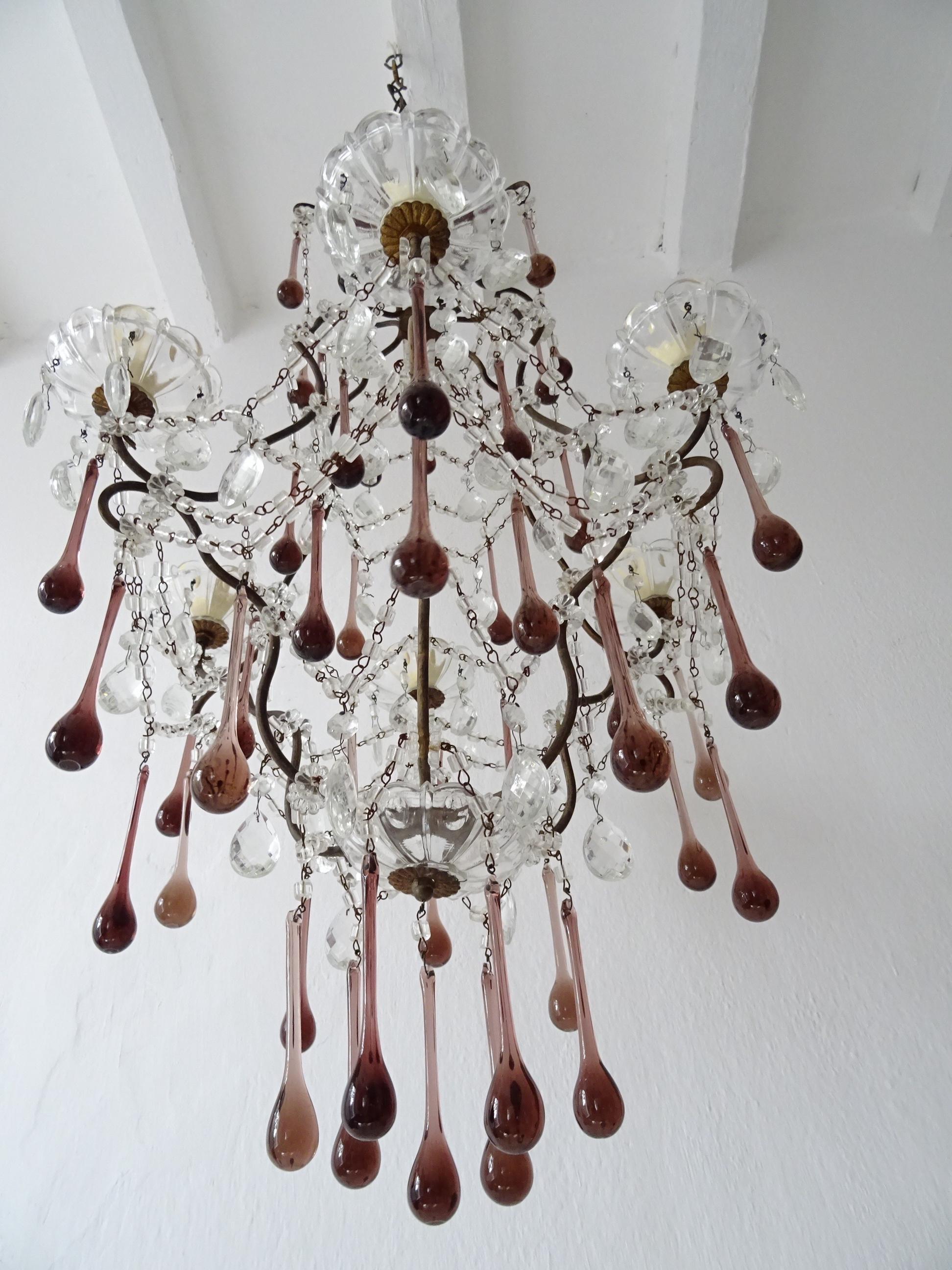French Amethyst Murano Drops Crystal Chandelier, circa 1930 For Sale 5