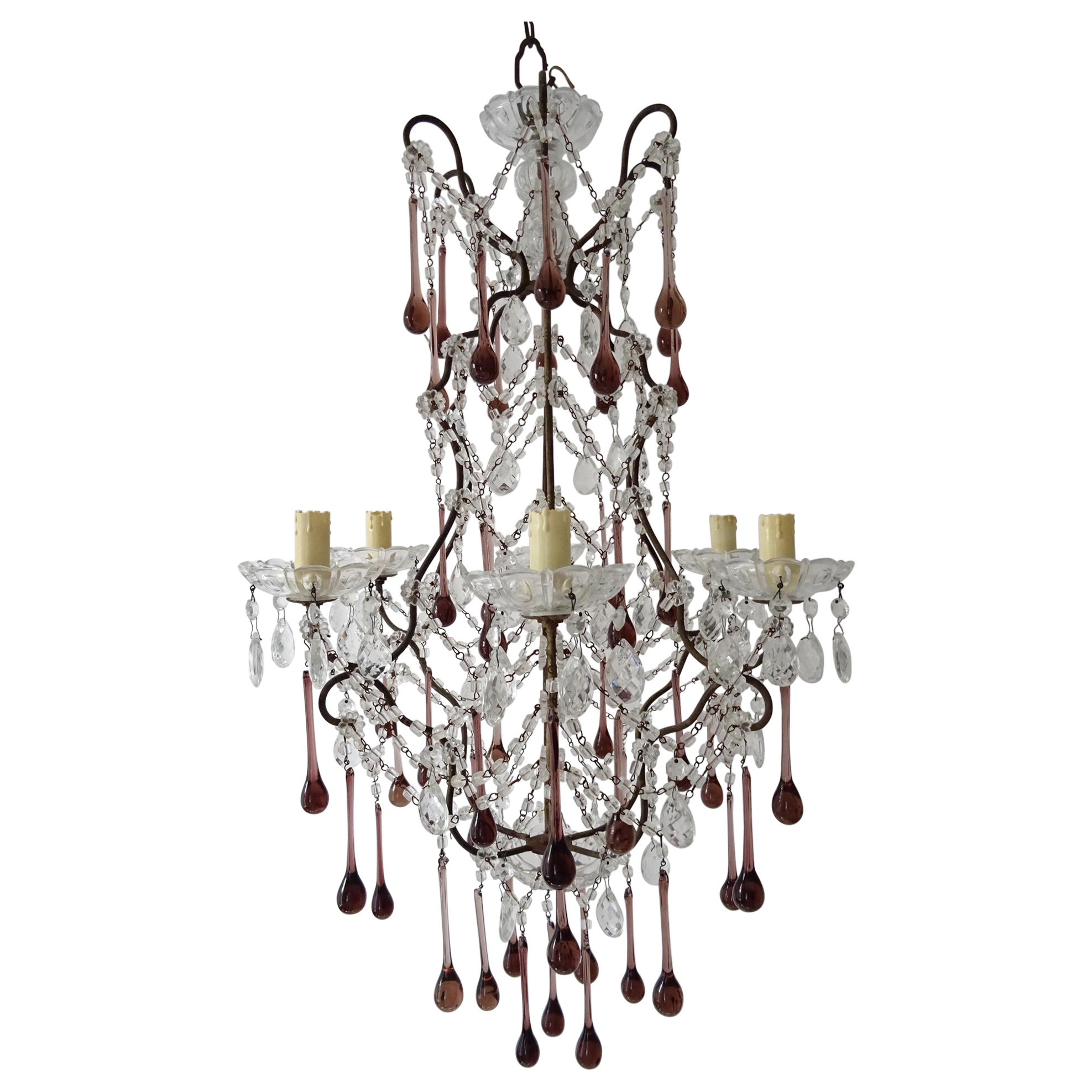 Lampadario francese in cristallo di Murano con gocce di ametista, 1930 circa