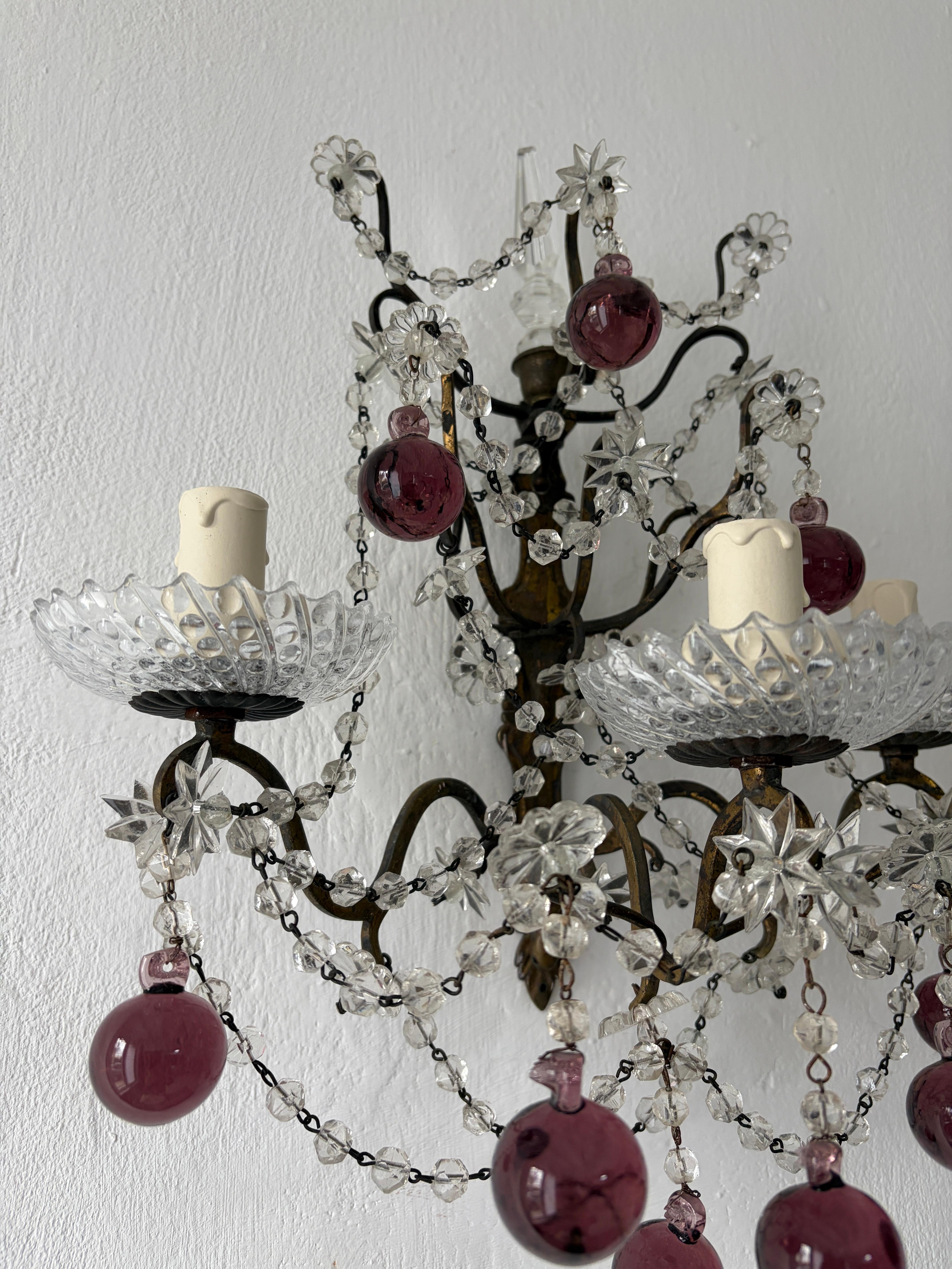 French Amethyst Murano Drops Crystal Prisms Spear Stars Sconces, circa 1920 For Sale 5