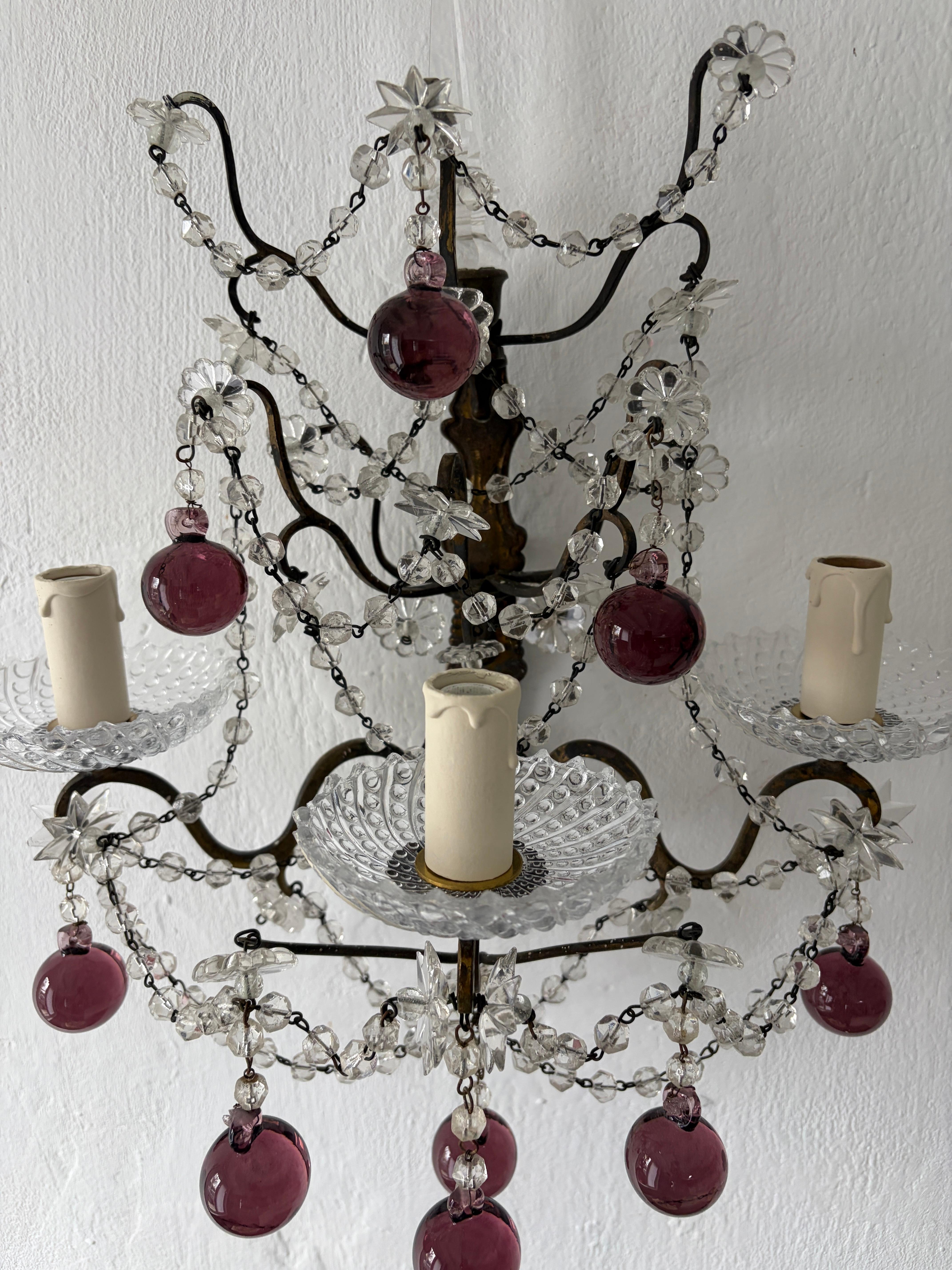 French Amethyst Murano Drops Crystal Prisms Spear Stars Sconces, circa 1920 For Sale 6