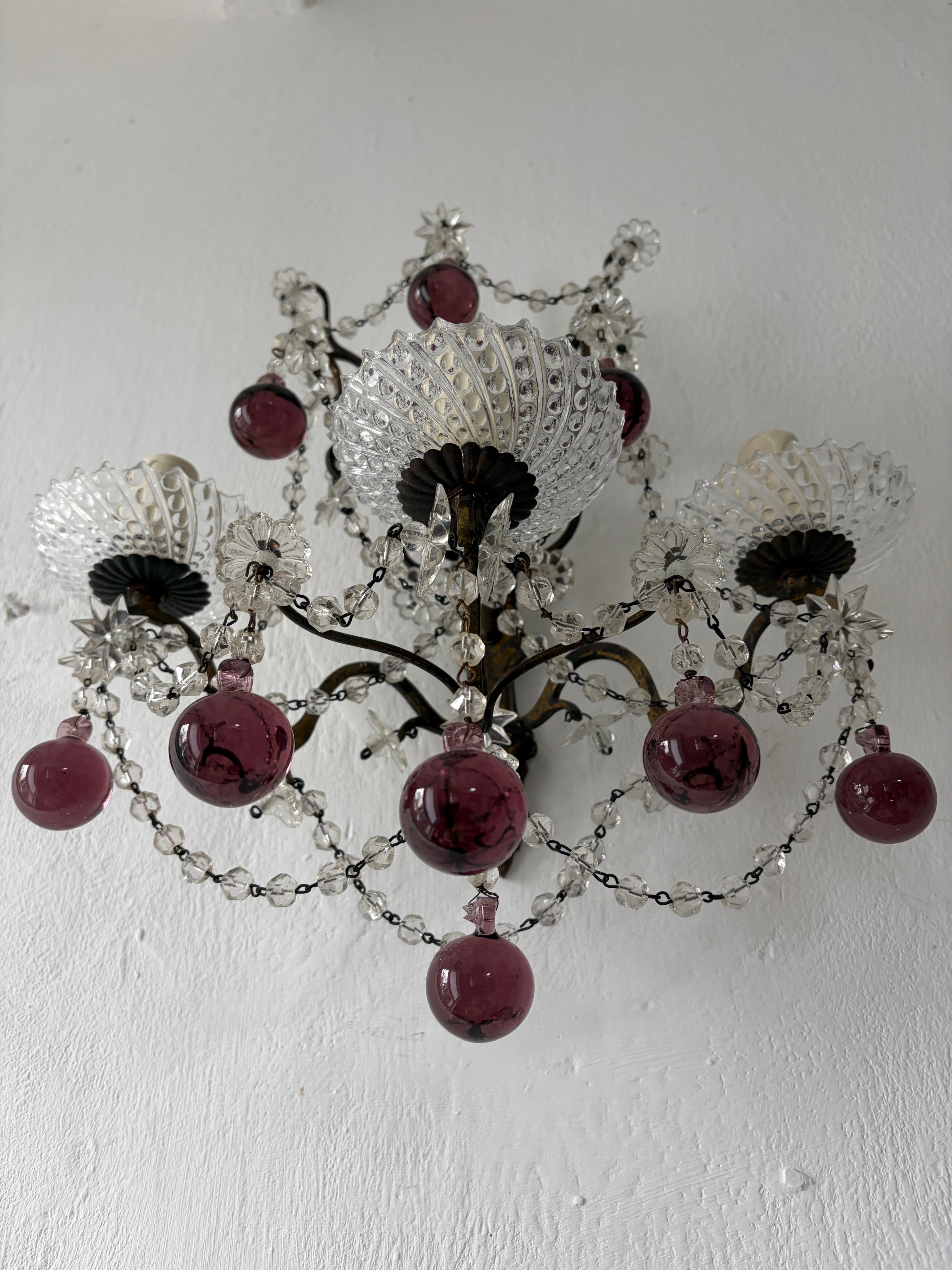 French Amethyst Murano Drops Crystal Prisms Spear Stars Sconces, circa 1920 For Sale 7