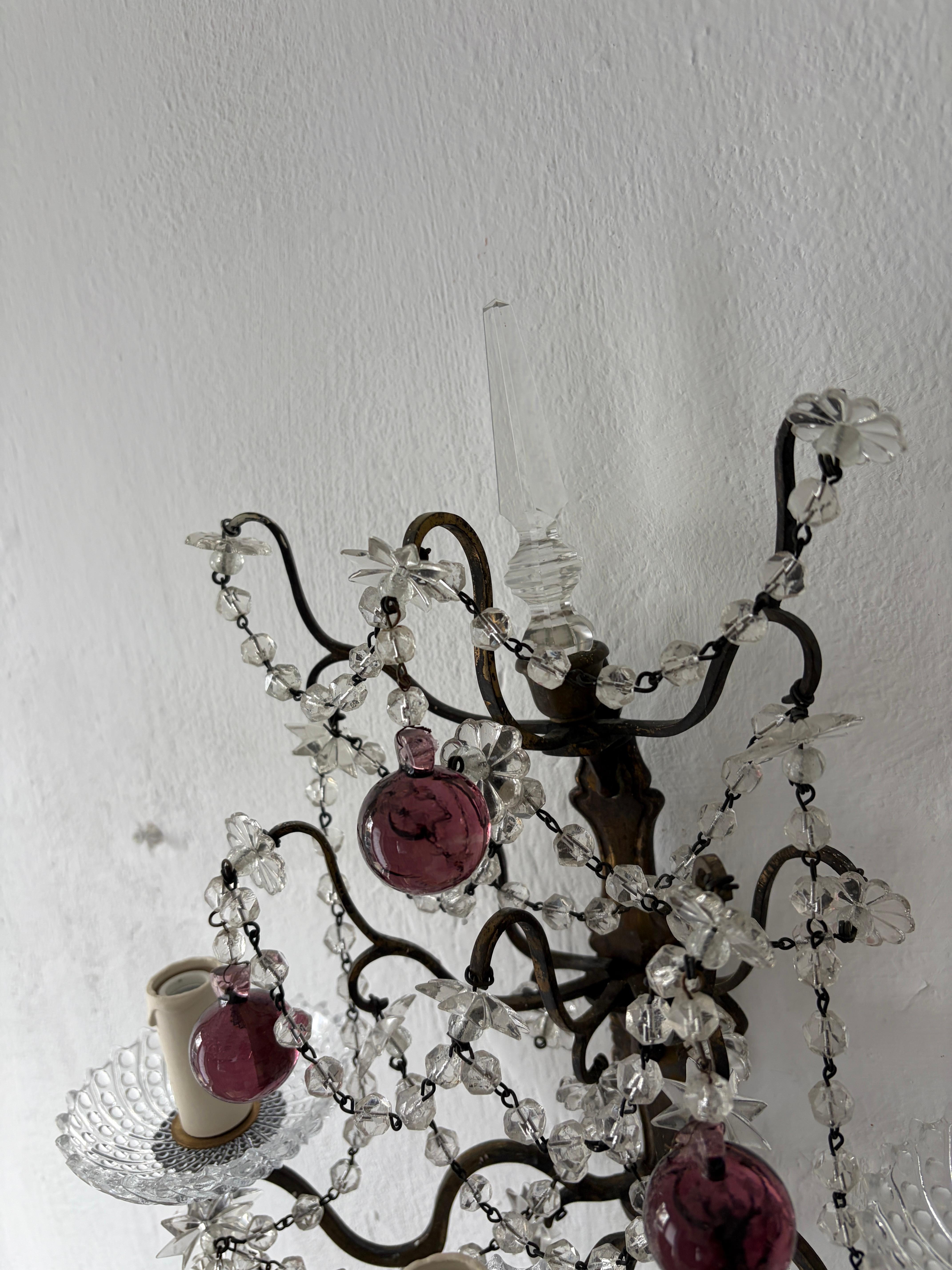 French Amethyst Murano Drops Crystal Prisms Spear Stars Sconces, circa 1920 For Sale 8