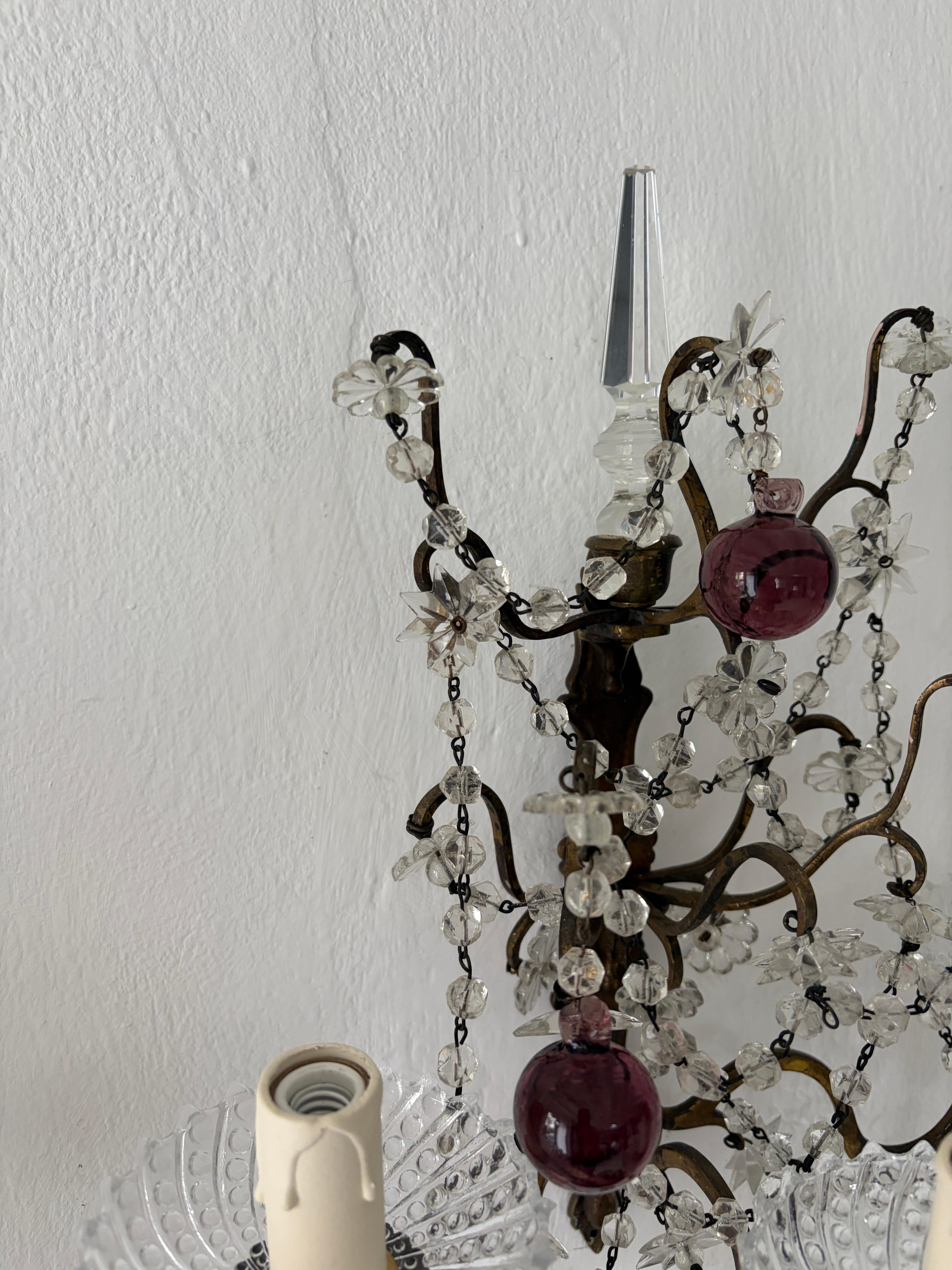 French Amethyst Murano Drops Crystal Prisms Spear Stars Sconces, circa 1920 For Sale 9