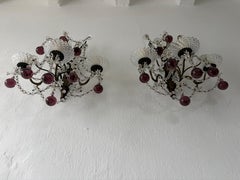 French Amethyst Murano Drops Crystal Prisms Spear Stars Sconces, circa 1920