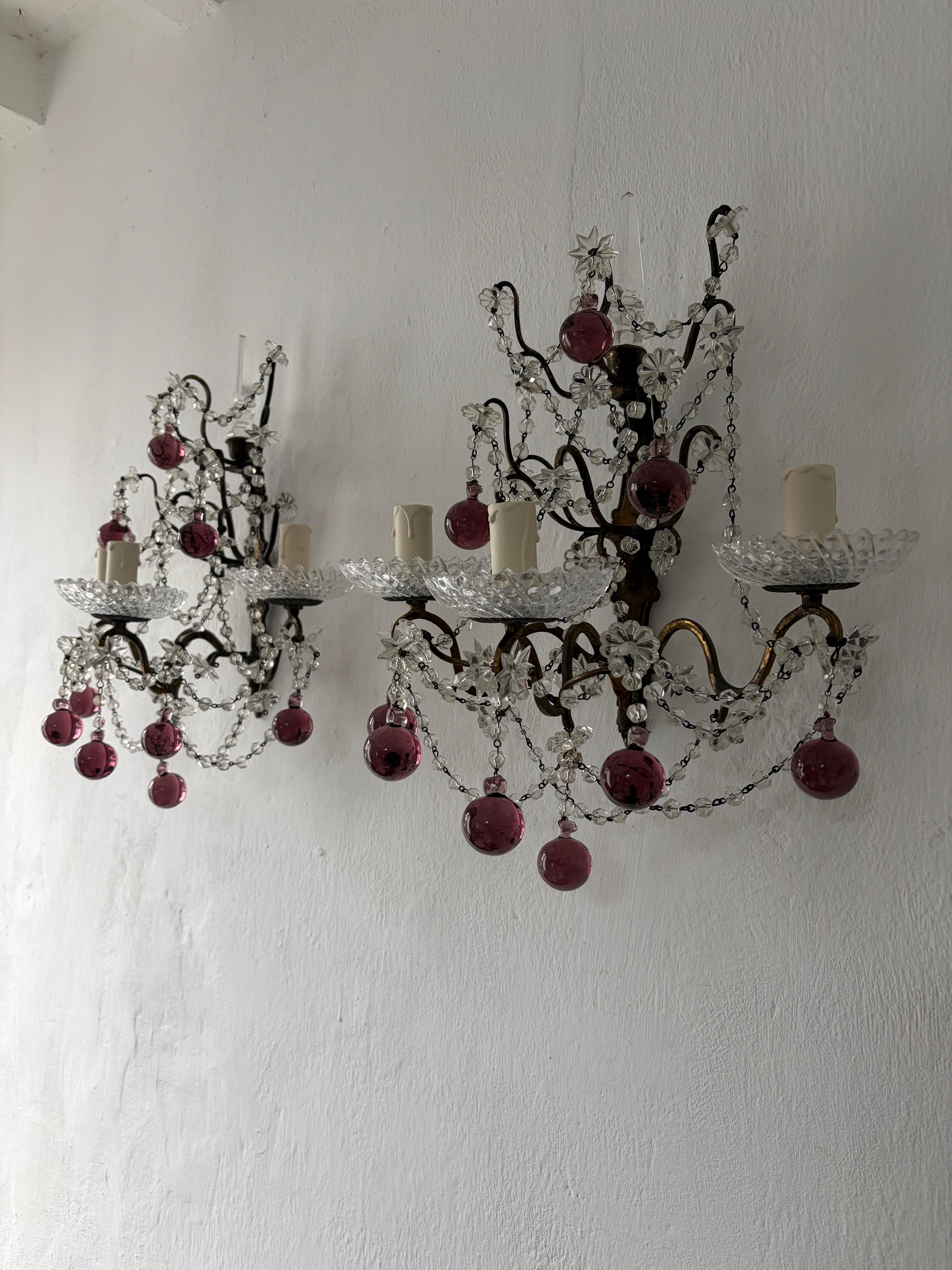 Baroque French Amethyst Murano Drops Crystal Prisms Spear Stars Sconces, circa 1920 For Sale