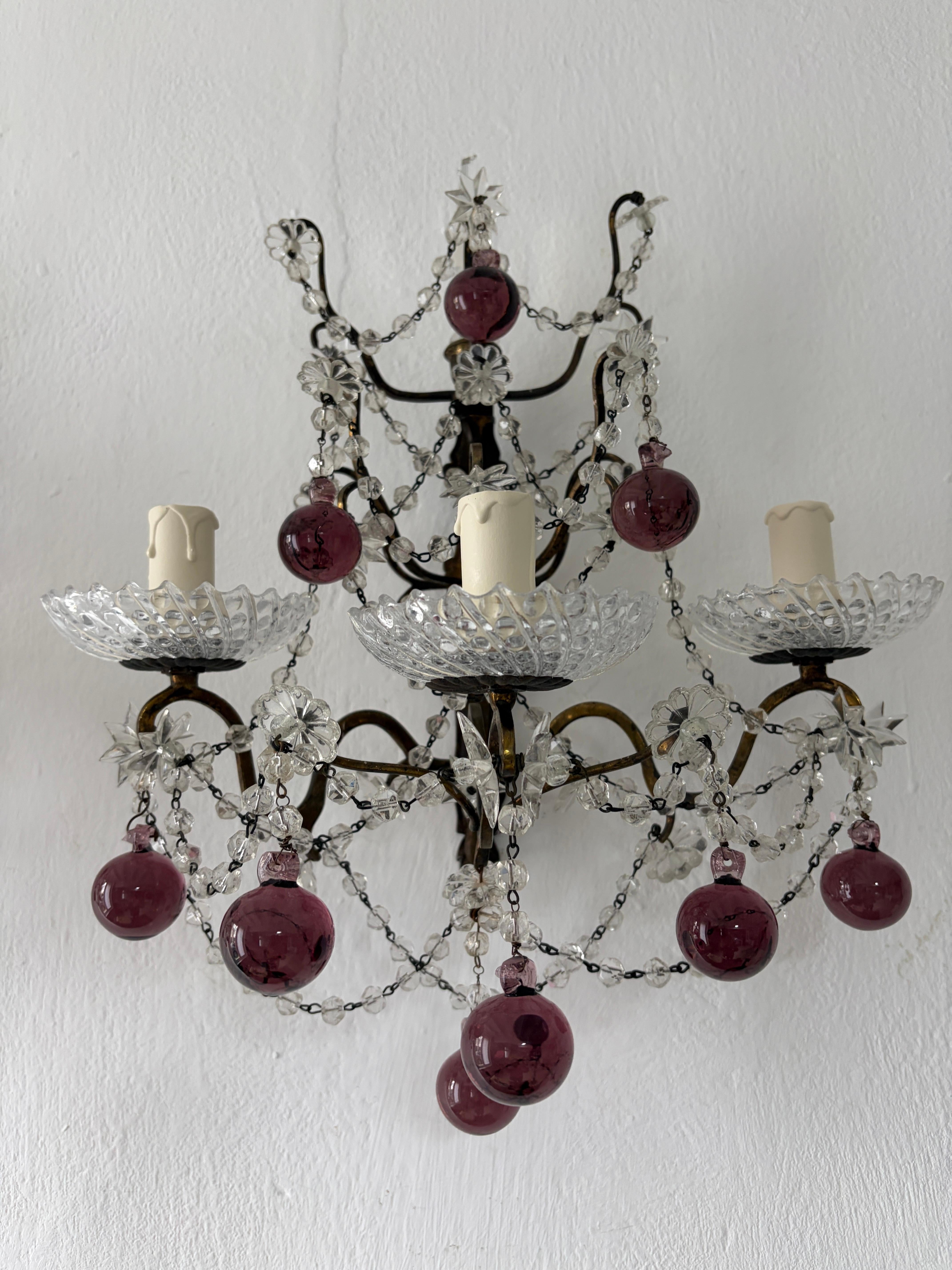 Early 20th Century French Amethyst Murano Drops Crystal Prisms Spear Stars Sconces, circa 1920 For Sale