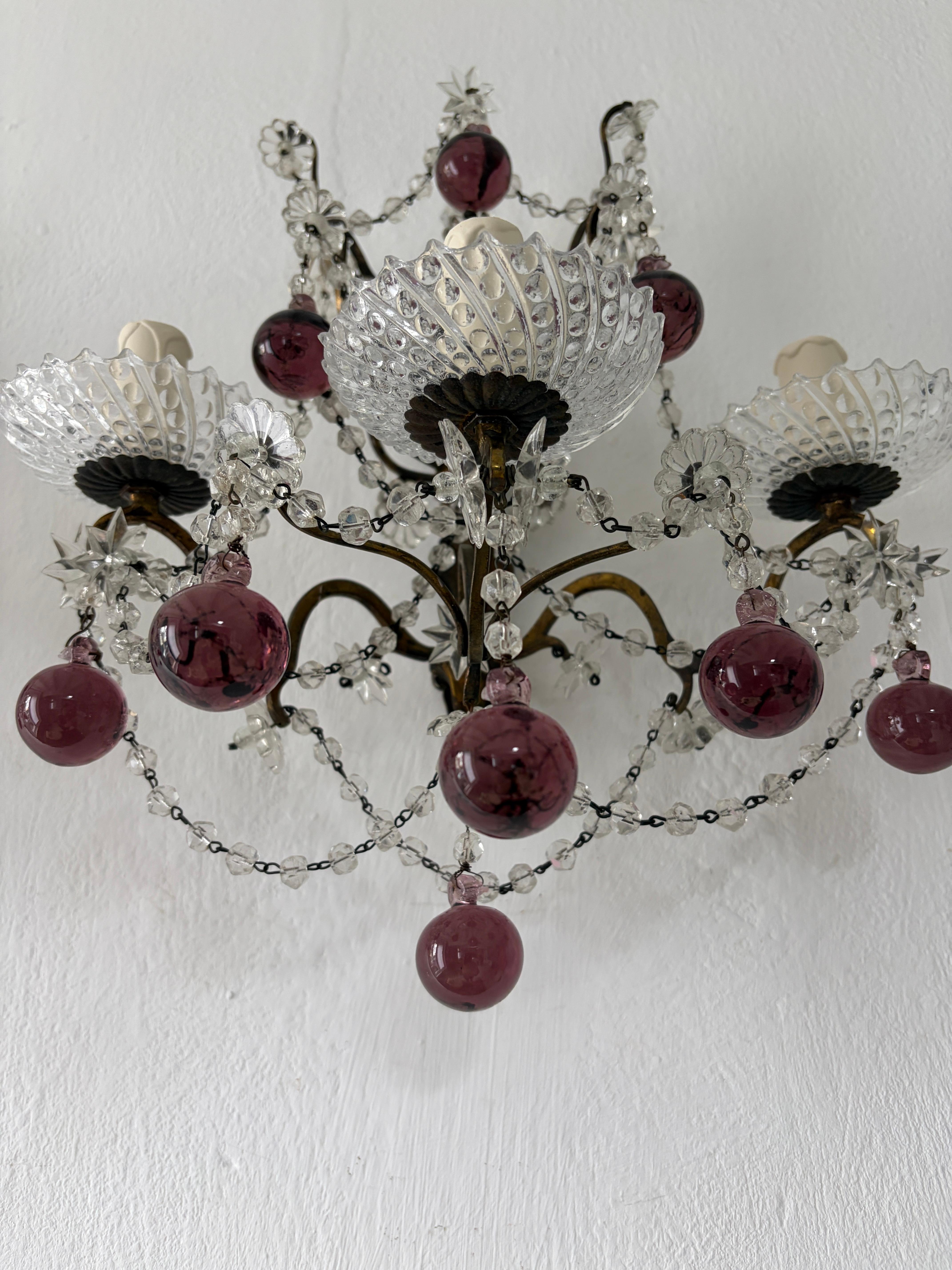 French Amethyst Murano Drops Crystal Prisms Spear Stars Sconces, circa 1920 For Sale 1