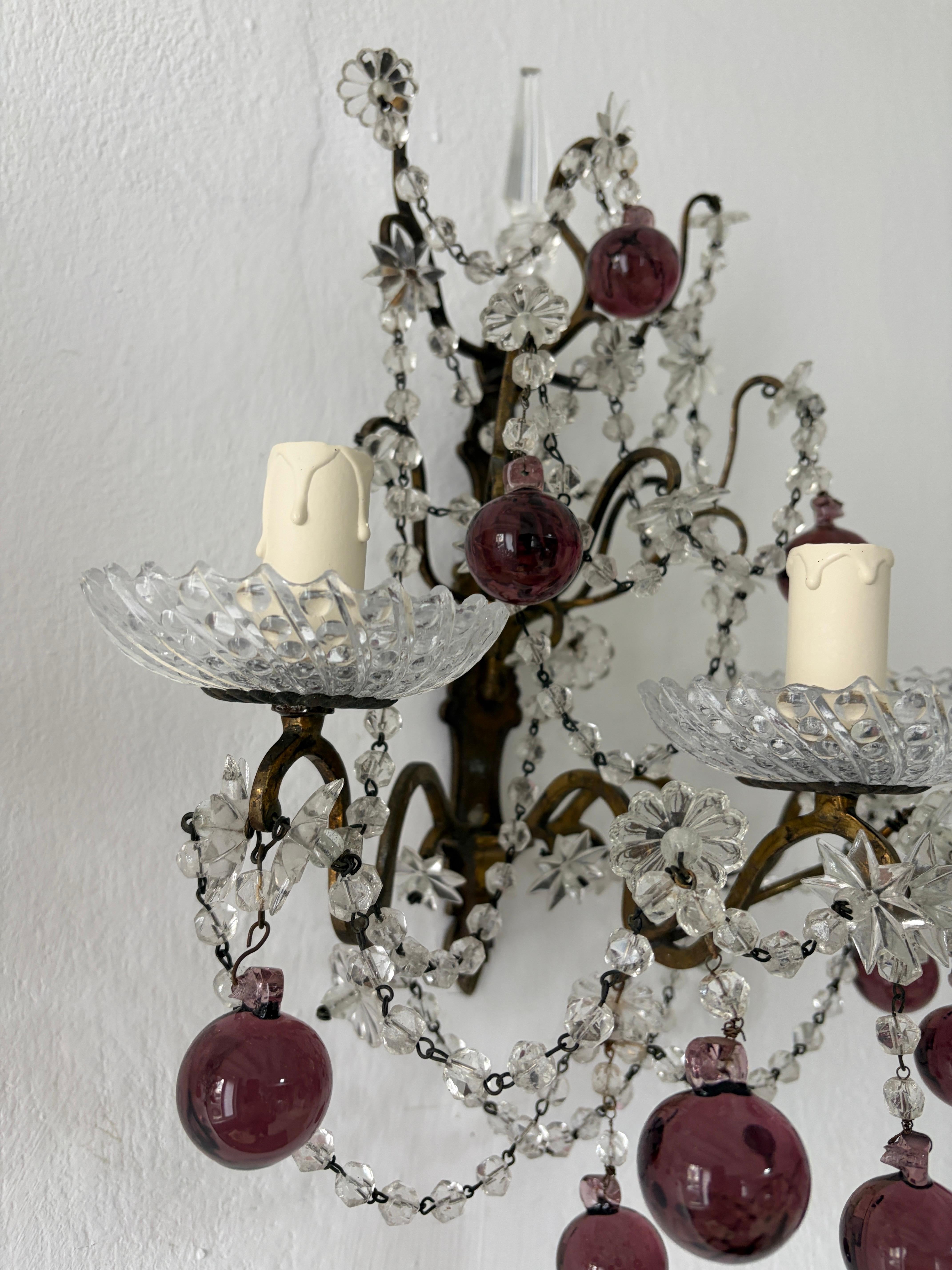 French Amethyst Murano Drops Crystal Prisms Spear Stars Sconces, circa 1920 For Sale 2