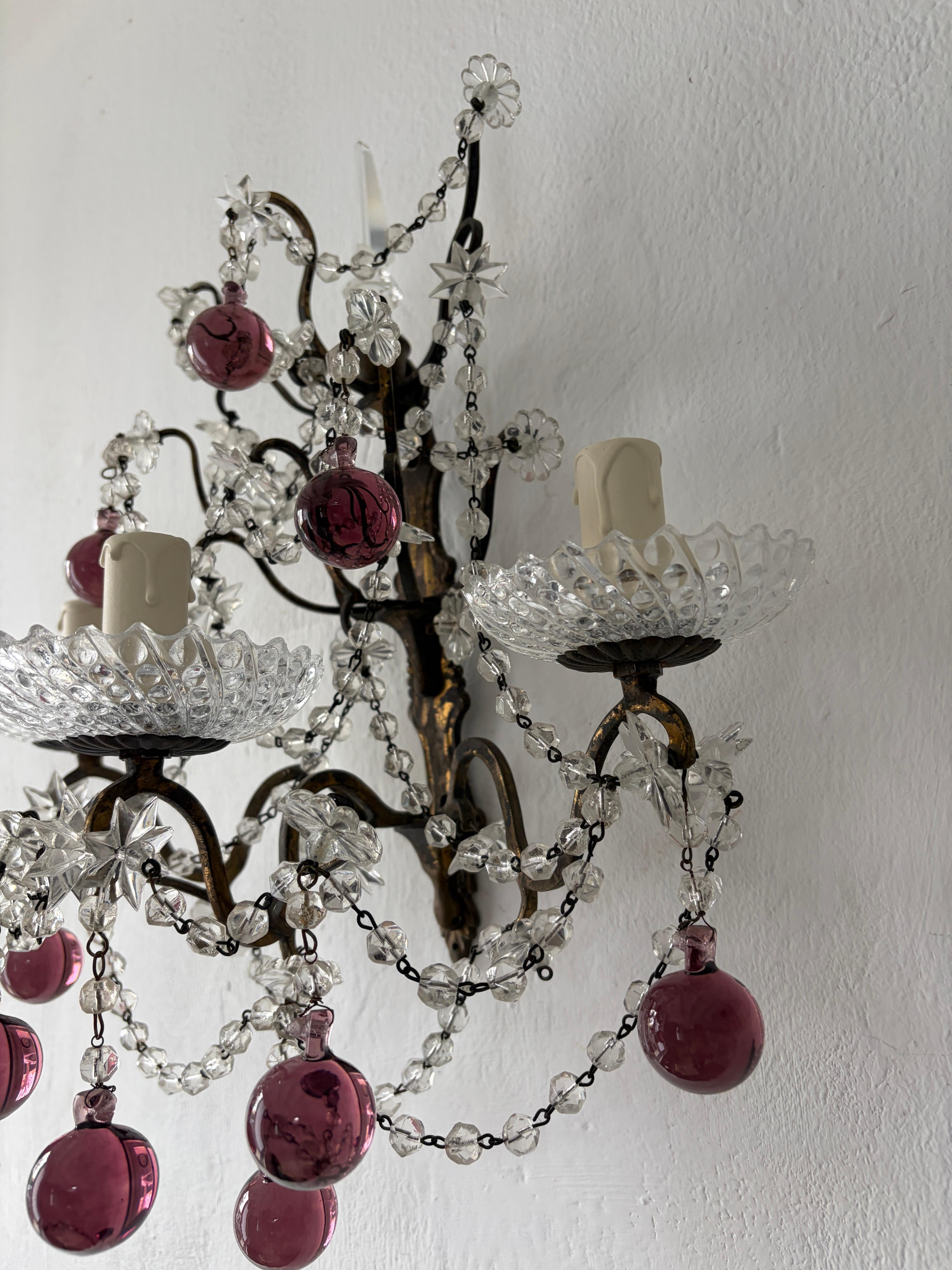 French Amethyst Murano Drops Crystal Prisms Spear Stars Sconces, circa 1920 For Sale 3