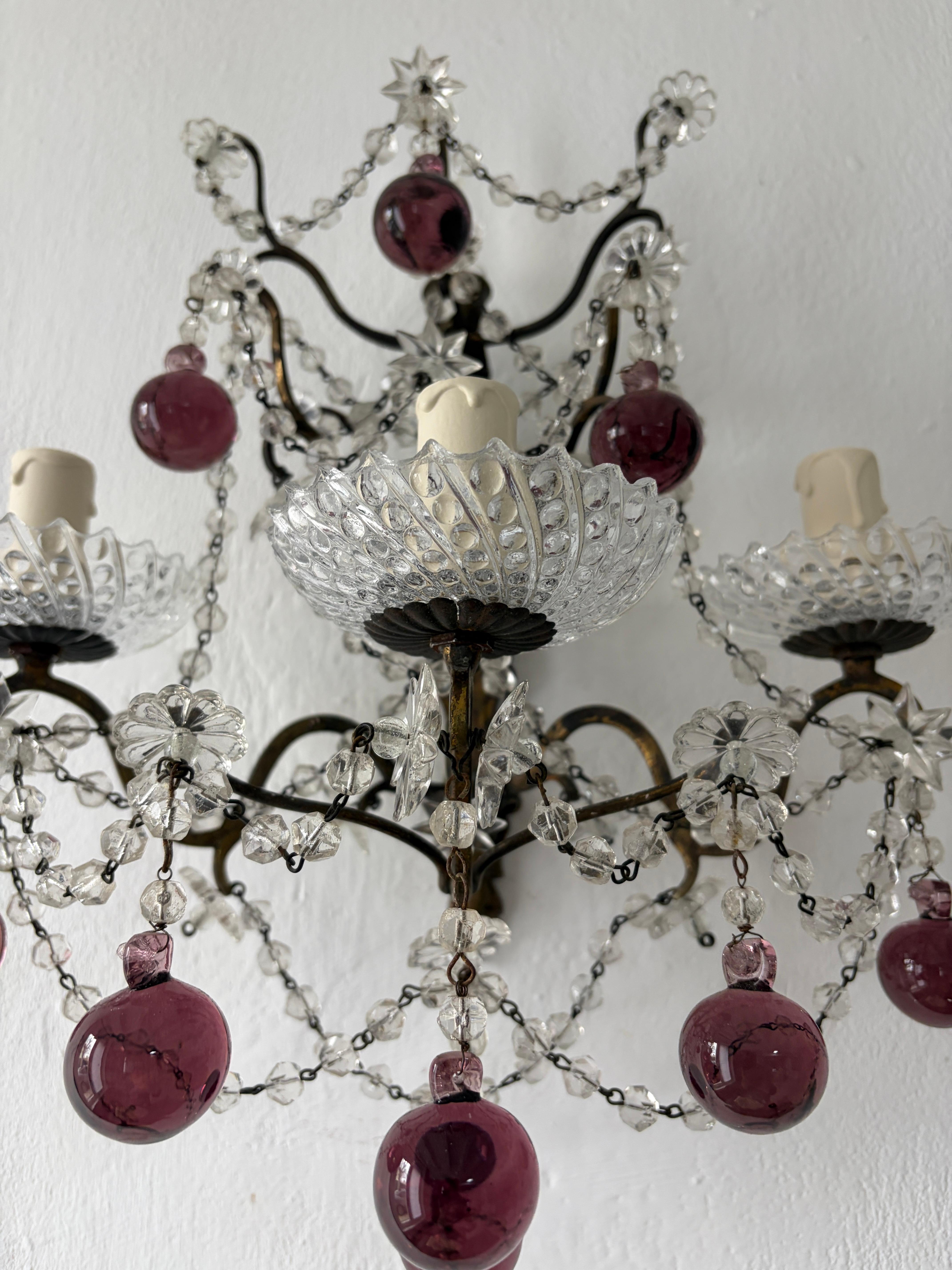French Amethyst Murano Drops Crystal Prisms Spear Stars Sconces, circa 1920 For Sale 4