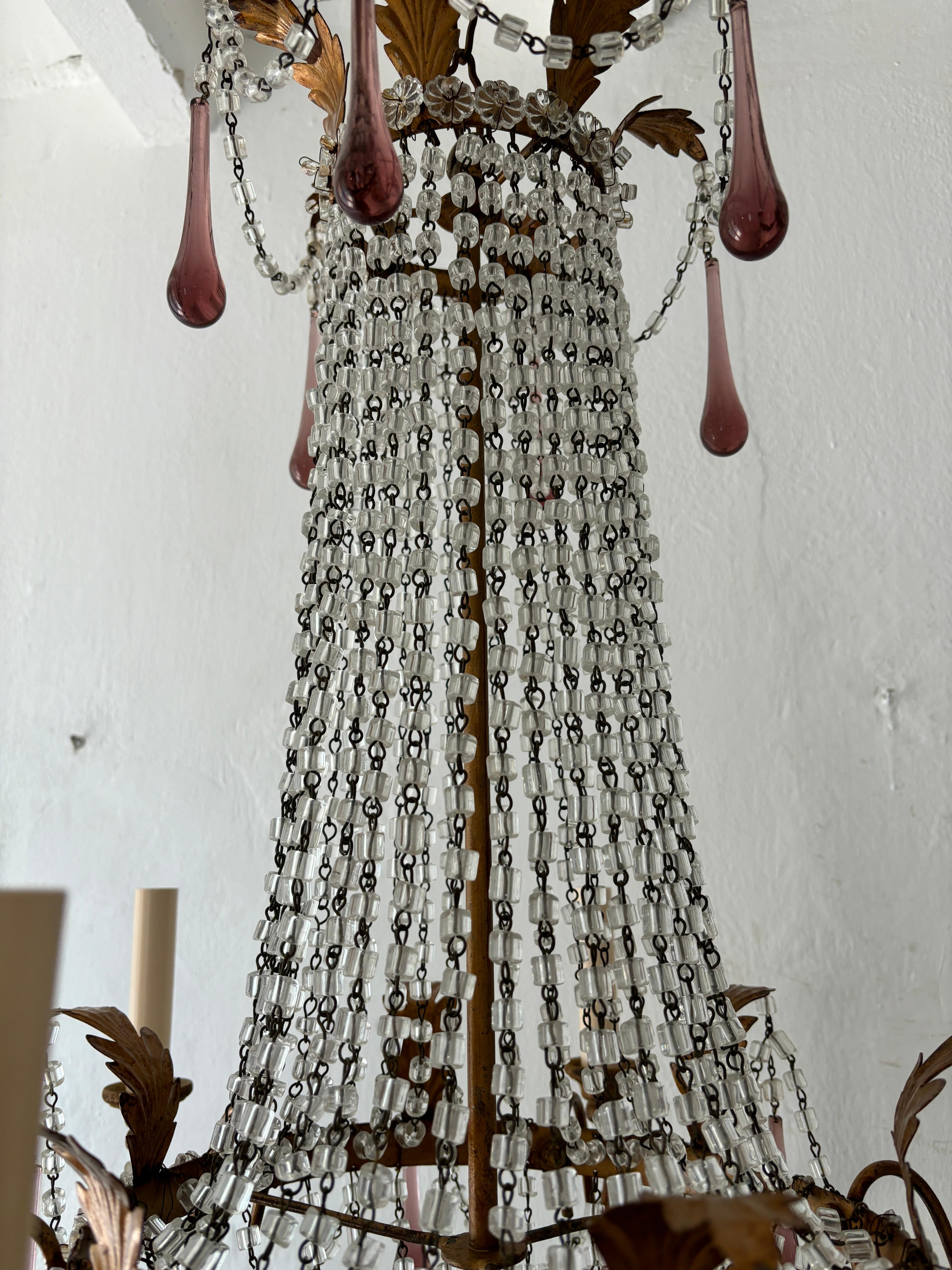 Stile impero Lampadario francese in vetro di Murano ametista Empire Macaroni Swags con doratura in oro del 1900 ca. in vendita