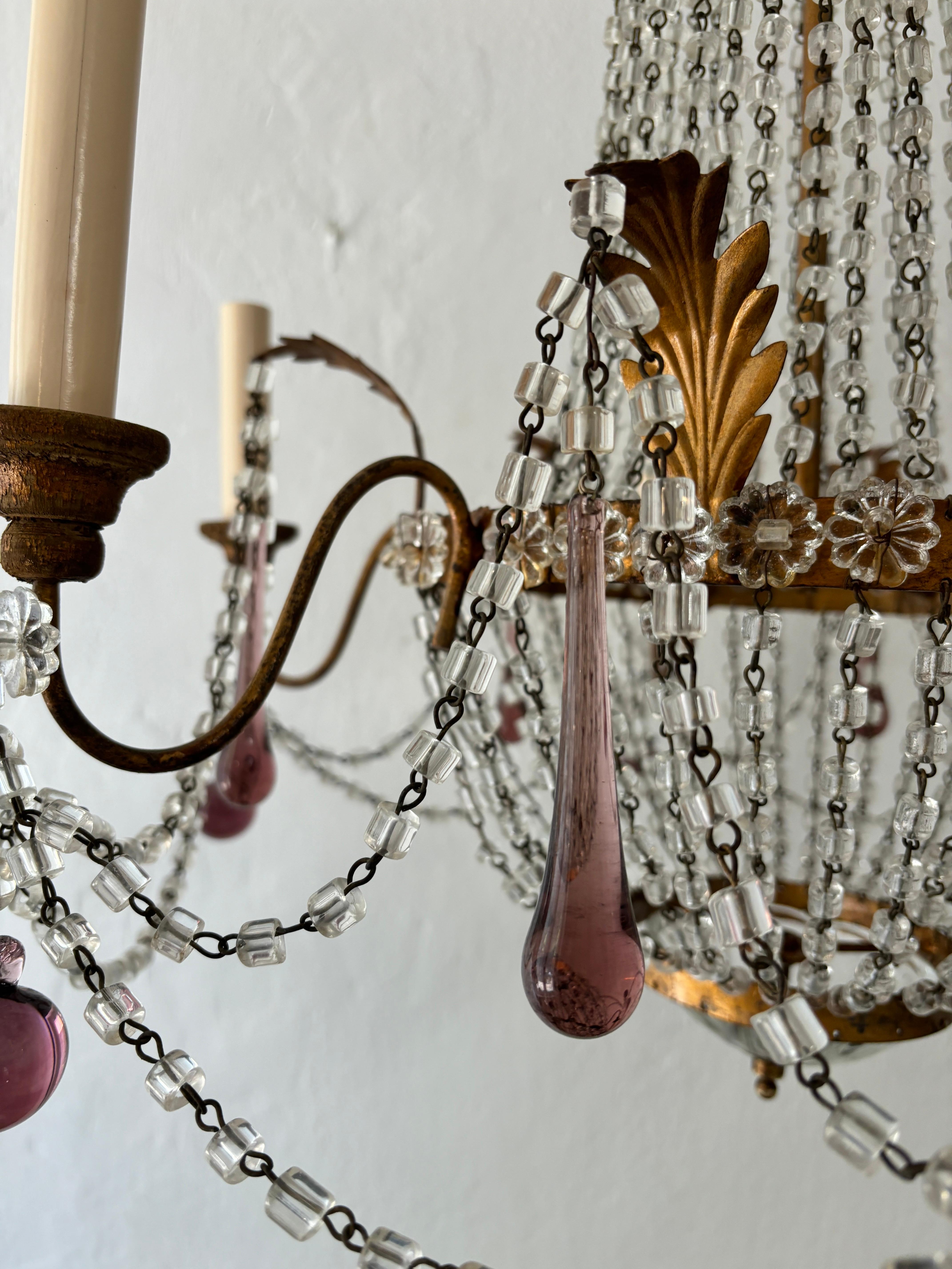 Lampadario francese in vetro di Murano ametista Empire Macaroni Swags con doratura in oro del 1900 ca. In condizioni buone in vendita a Firenze, Toscana