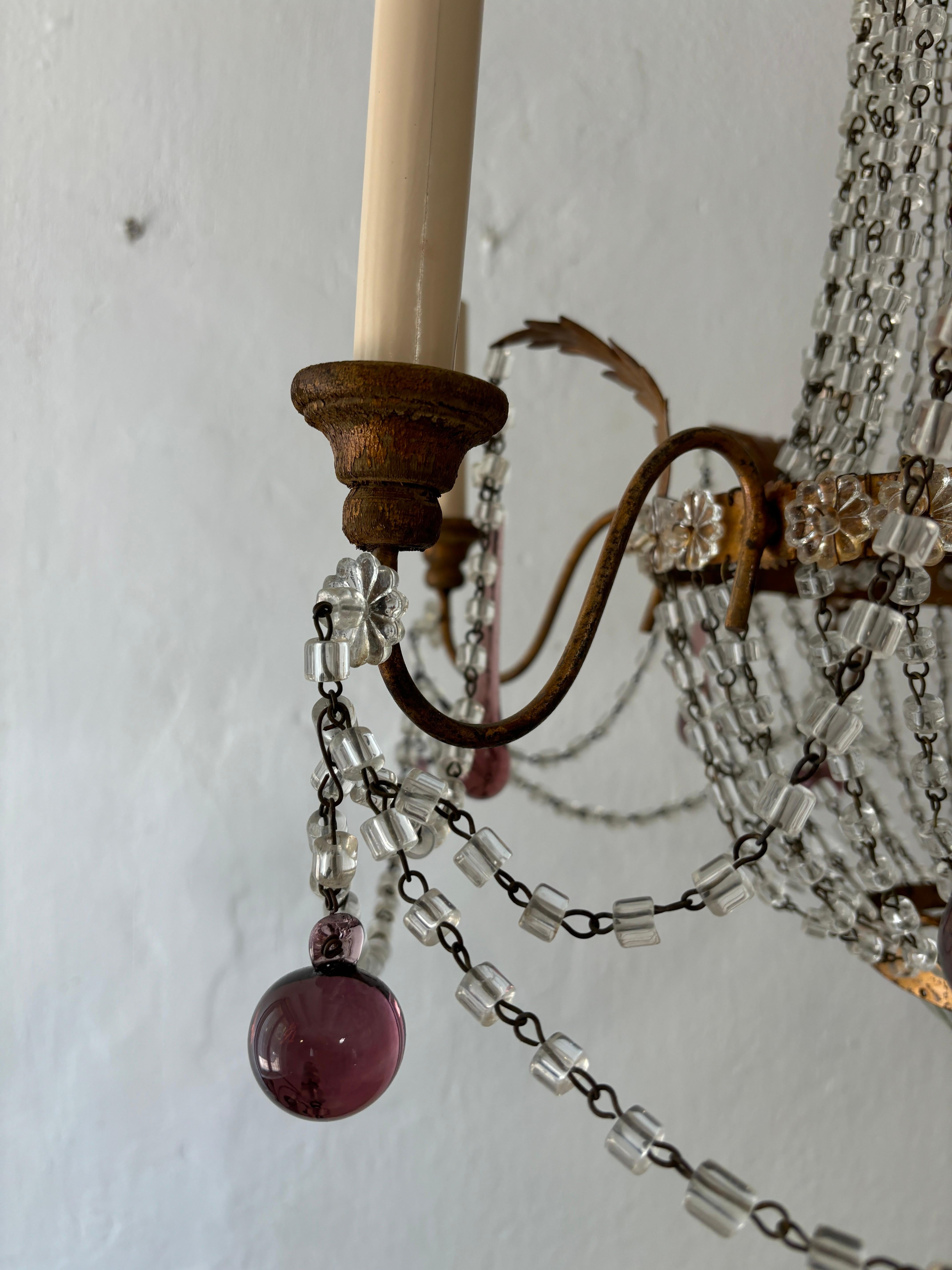 Inizio XX secolo Lampadario francese in vetro di Murano ametista Empire Macaroni Swags con doratura in oro del 1900 ca. in vendita