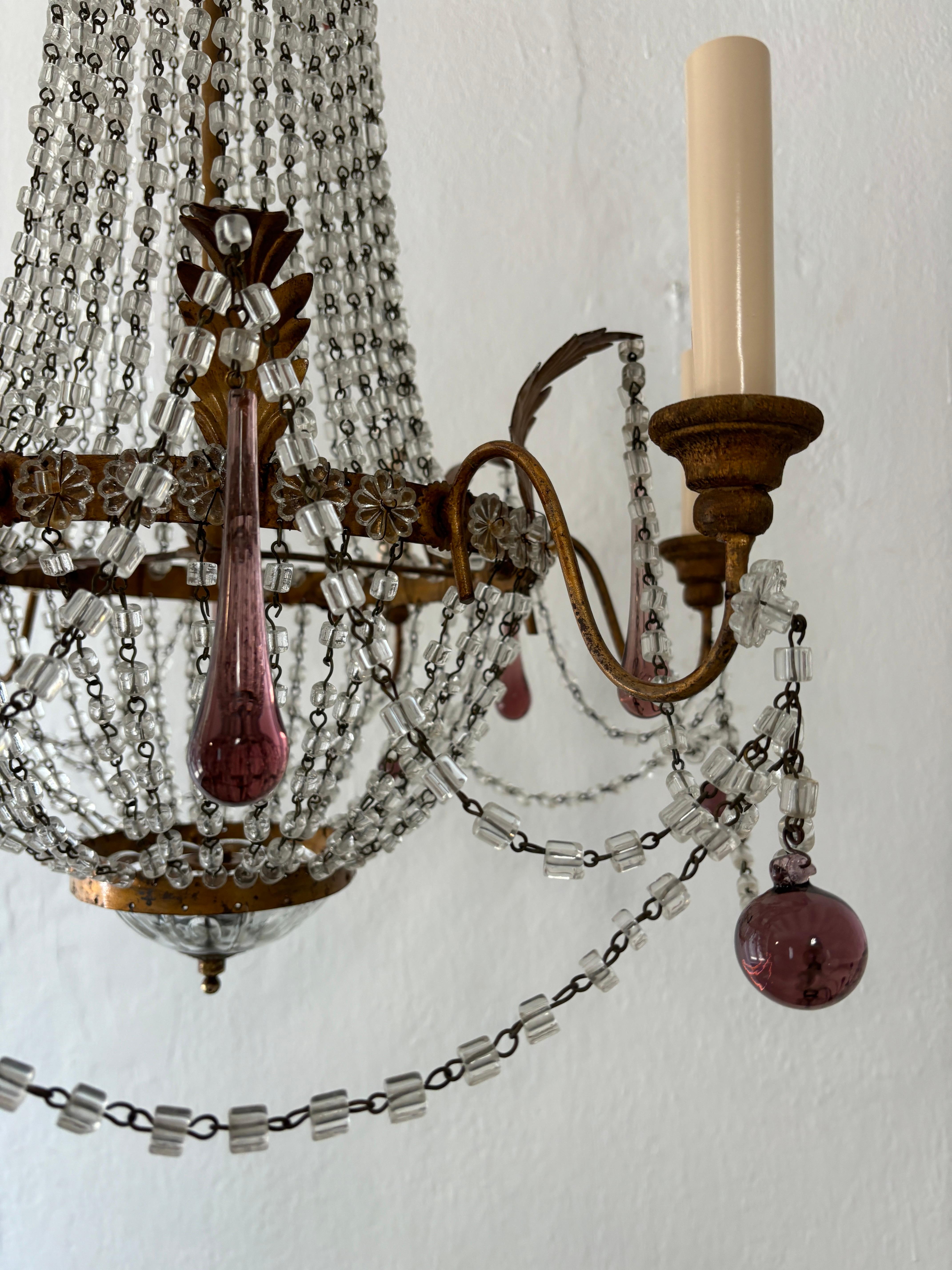 Vetro di Murano Lampadario francese in vetro di Murano ametista Empire Macaroni Swags con doratura in oro del 1900 ca. in vendita