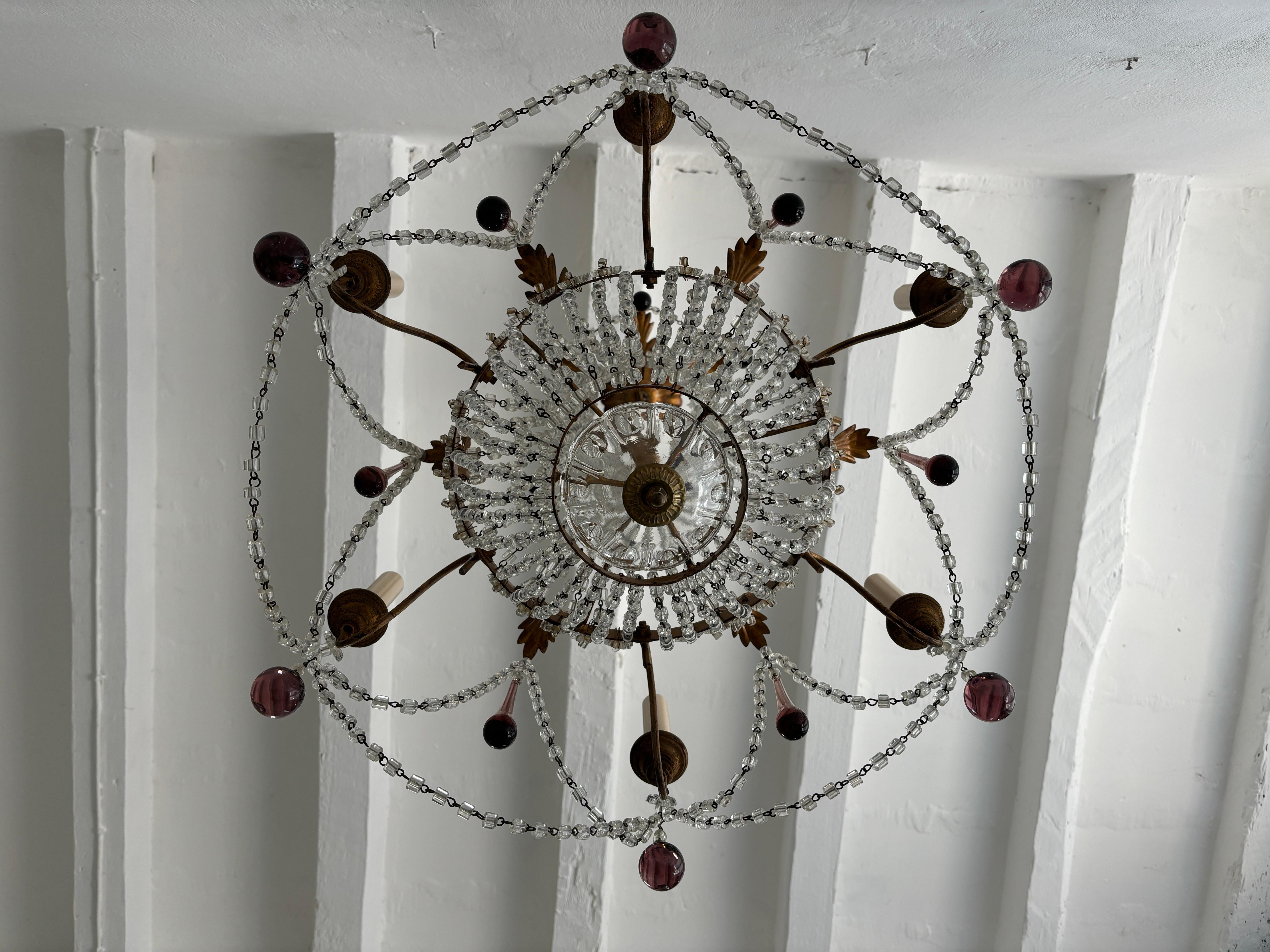 Lampadario francese in vetro di Murano ametista Empire Macaroni Swags con doratura in oro del 1900 ca. in vendita 1