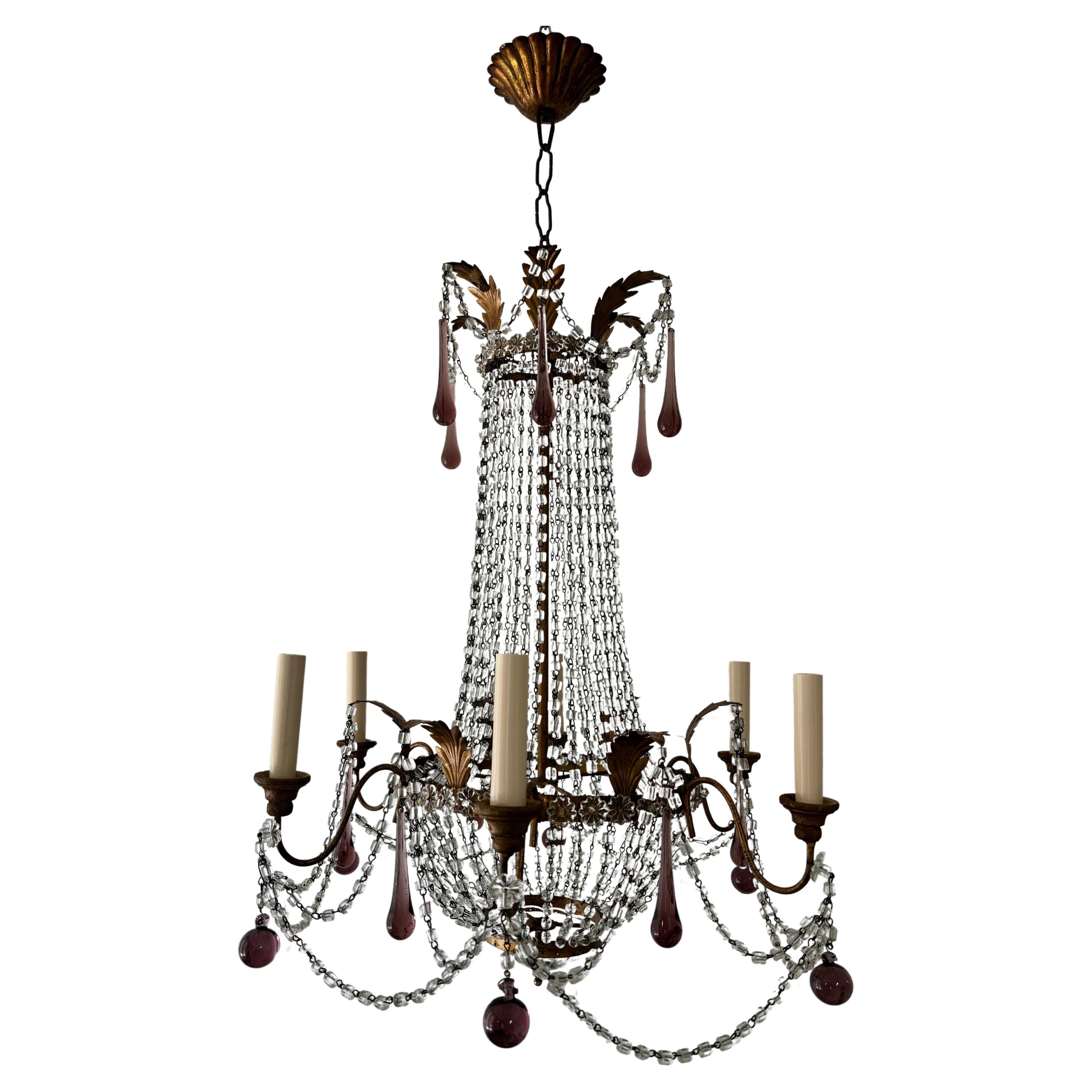Lustre Empire Macaroni guirlandes d'améthyste française en verre de Murano doré, vers 1900