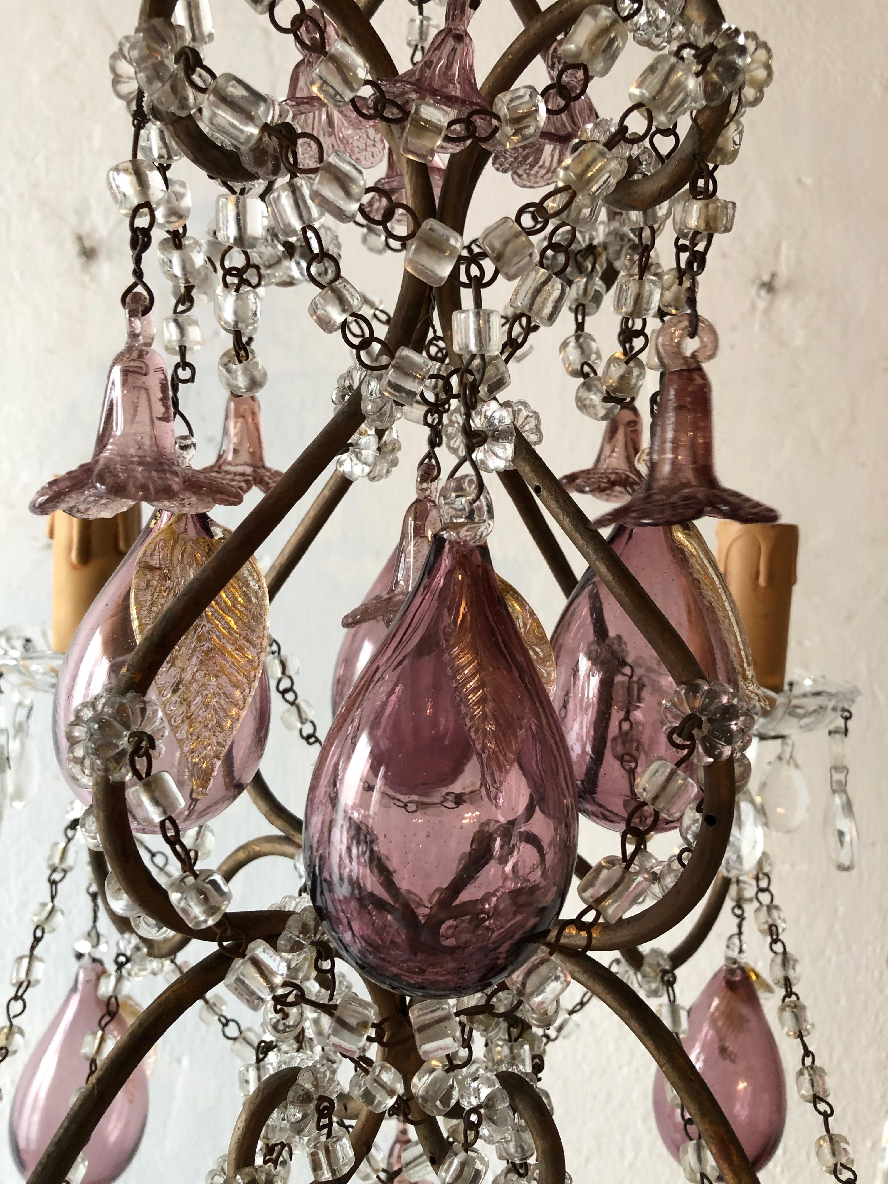 Mid-20th Century French Amethyst Murano Huge Blown Pears & Flowers Crystal Chandelier, circa 1930