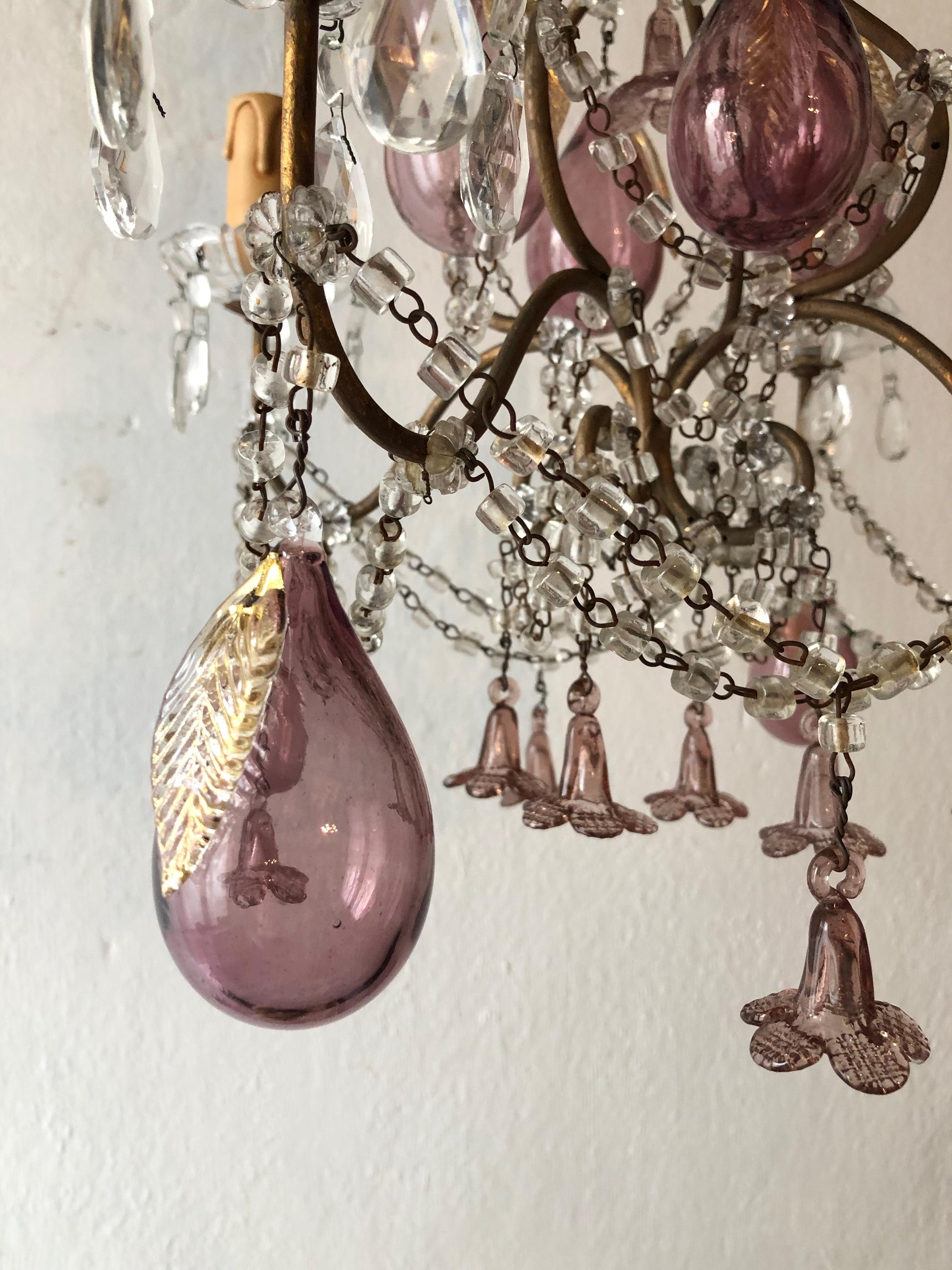 French Amethyst Murano Huge Blown Pears & Flowers Crystal Chandelier, circa 1930 1