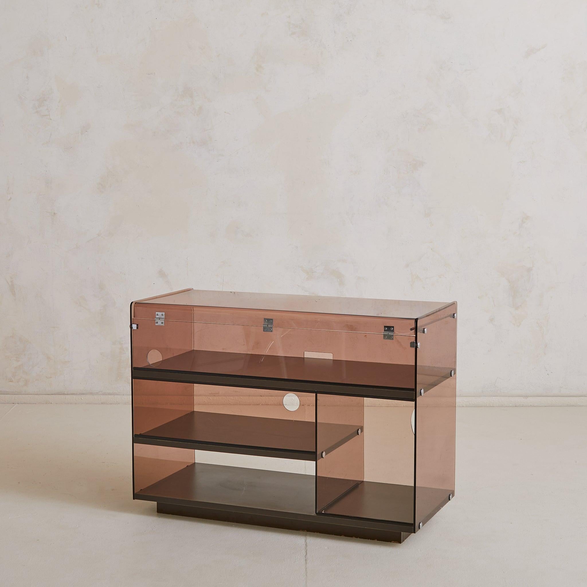 Chrome French Amethyst Plexiglass Record Console or Bar Cart Attributed to Michel Dumas For Sale