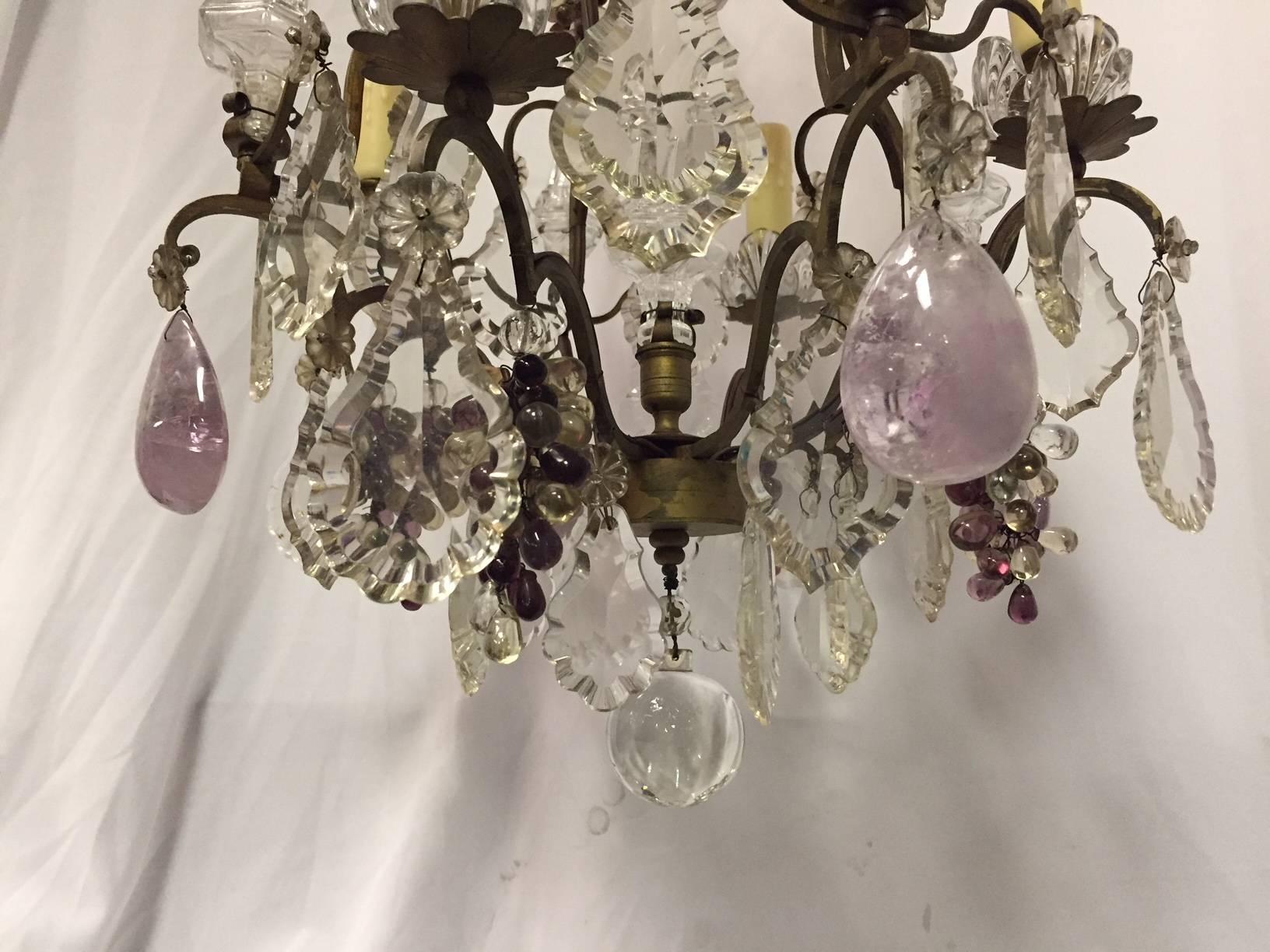 French Amethyst Quartz Mounted Bronze Chandelier In Good Condition In Cypress, CA