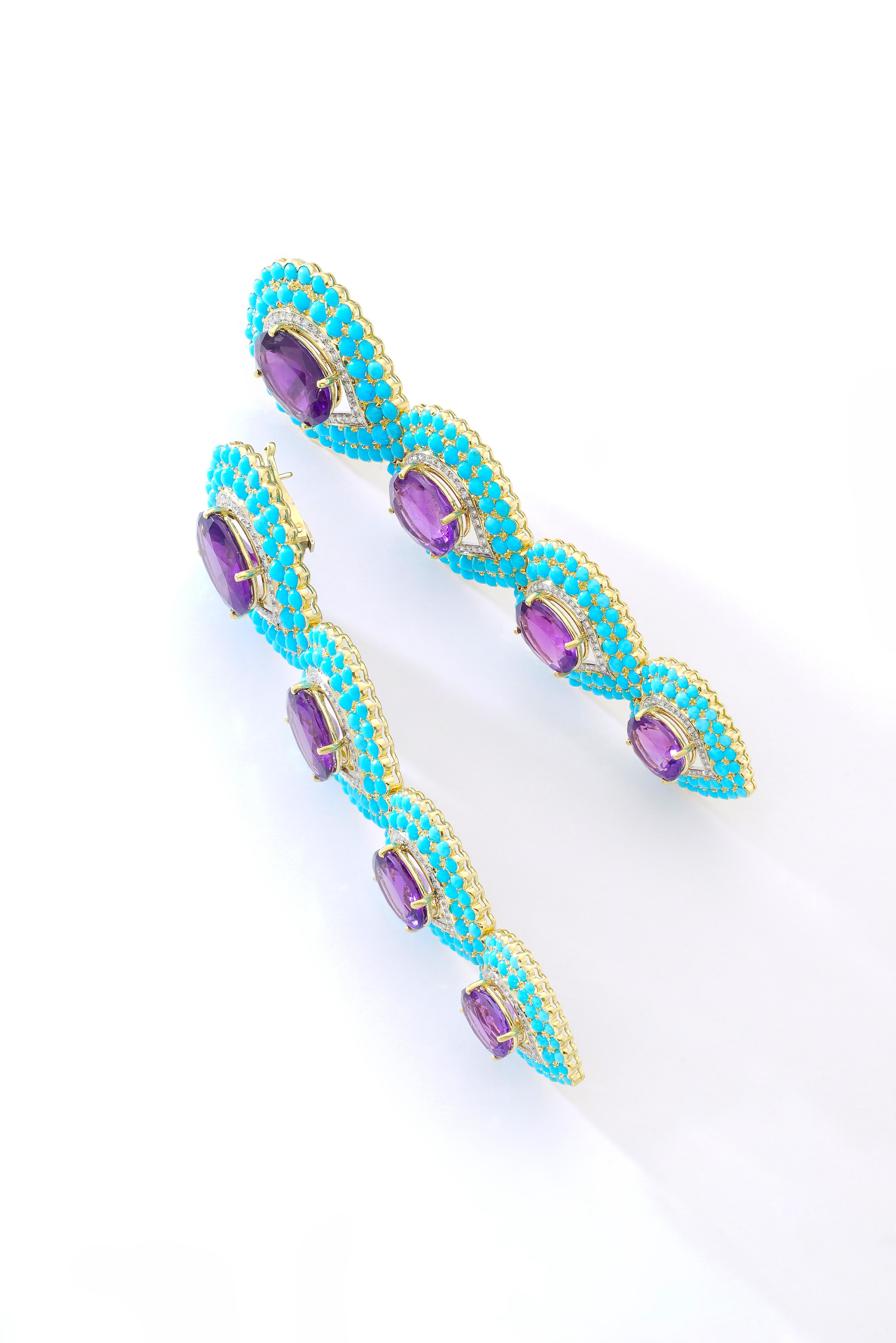 Retro French Amethyst Turquoise and Diamond Earrings For Sale