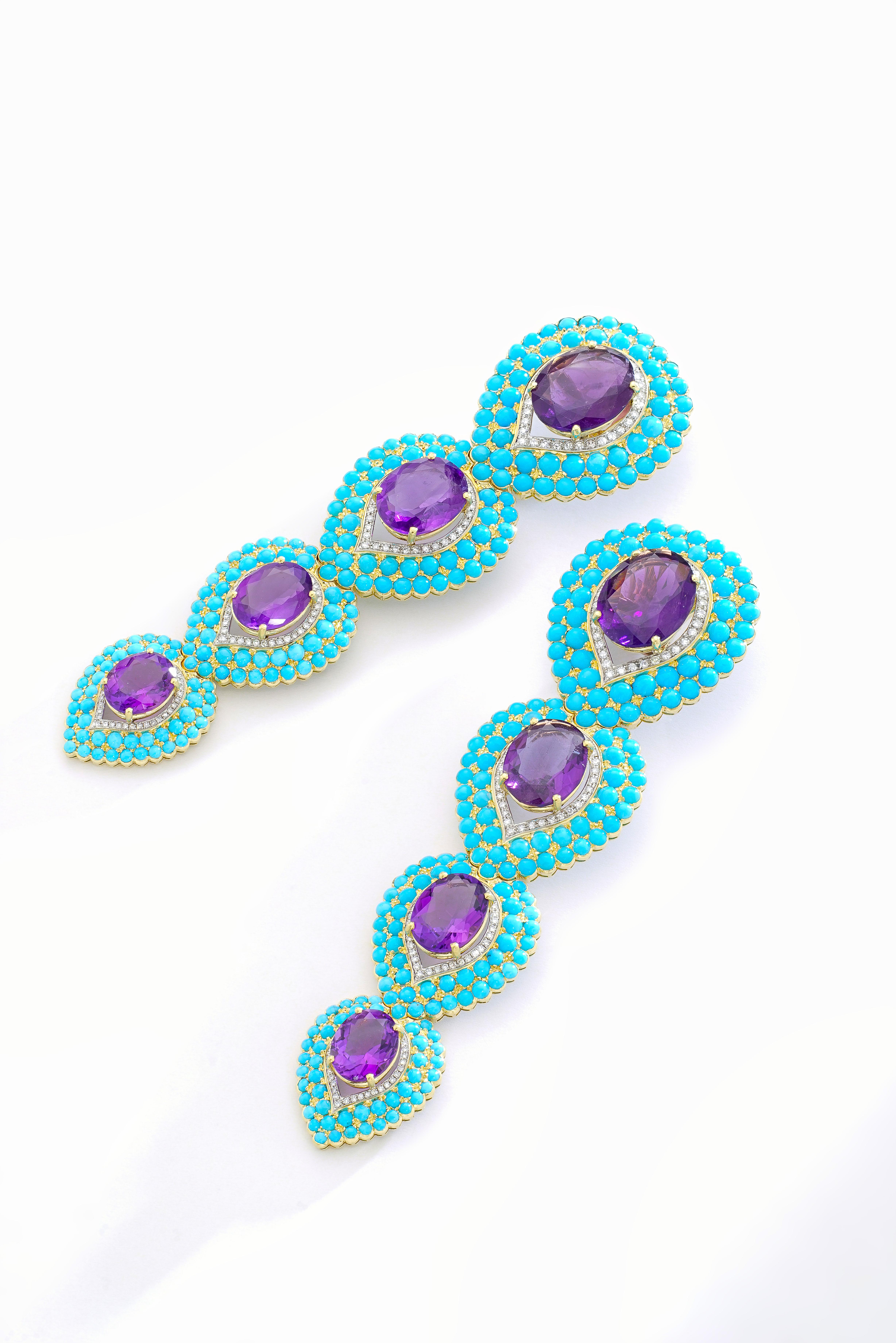 Cabochon French Amethyst Turquoise and Diamond Earrings