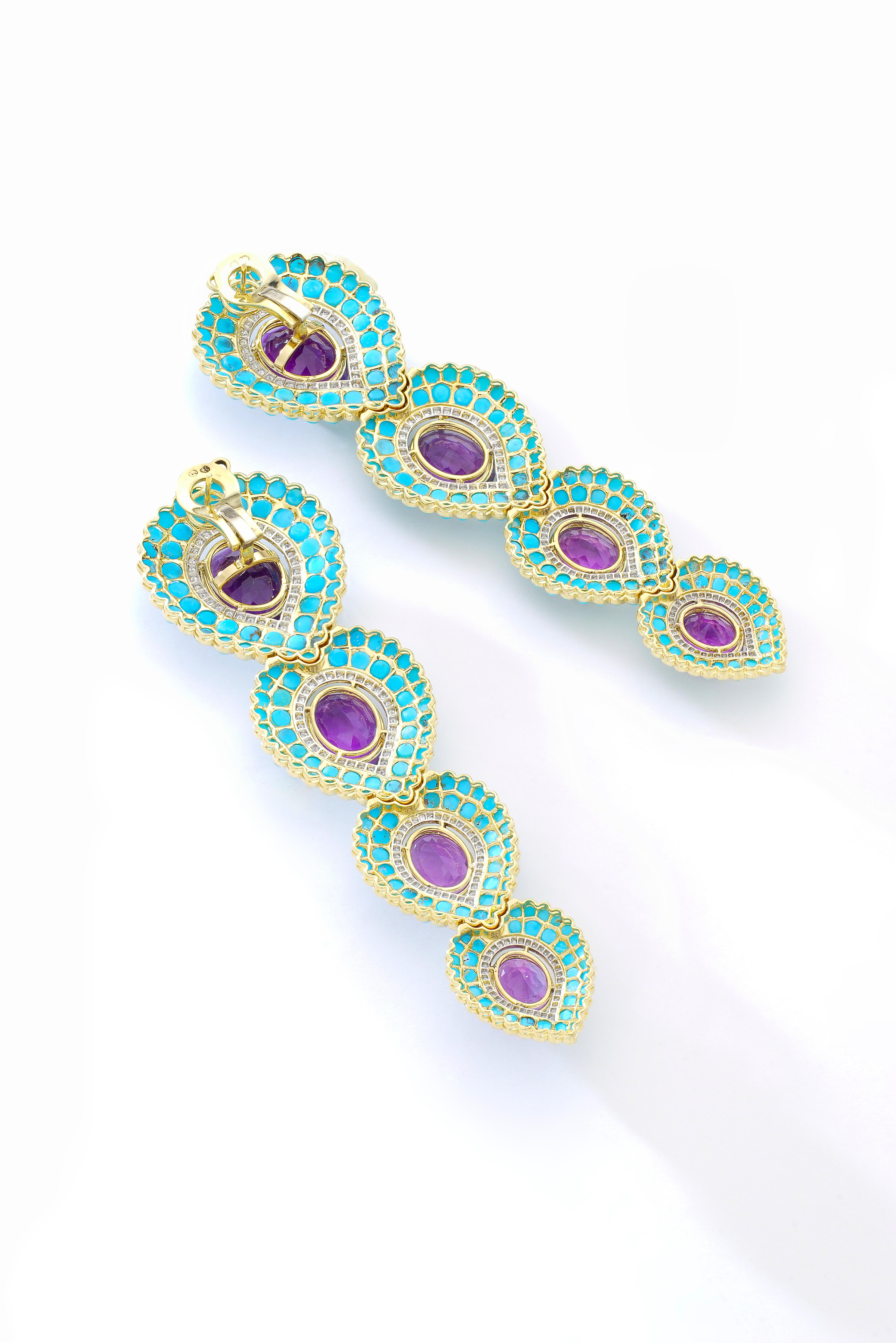 French Amethyst Turquoise and Diamond Earrings In Excellent Condition In Geneva, CH