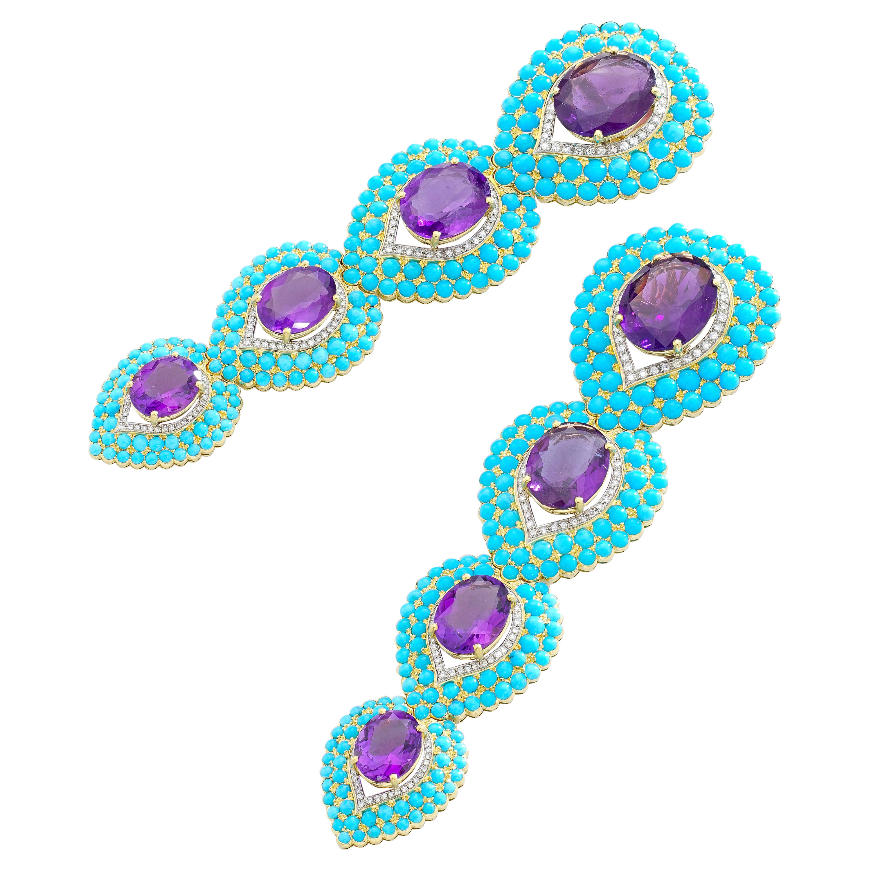 French Amethyst Turquoise and Diamond Earrings For Sale