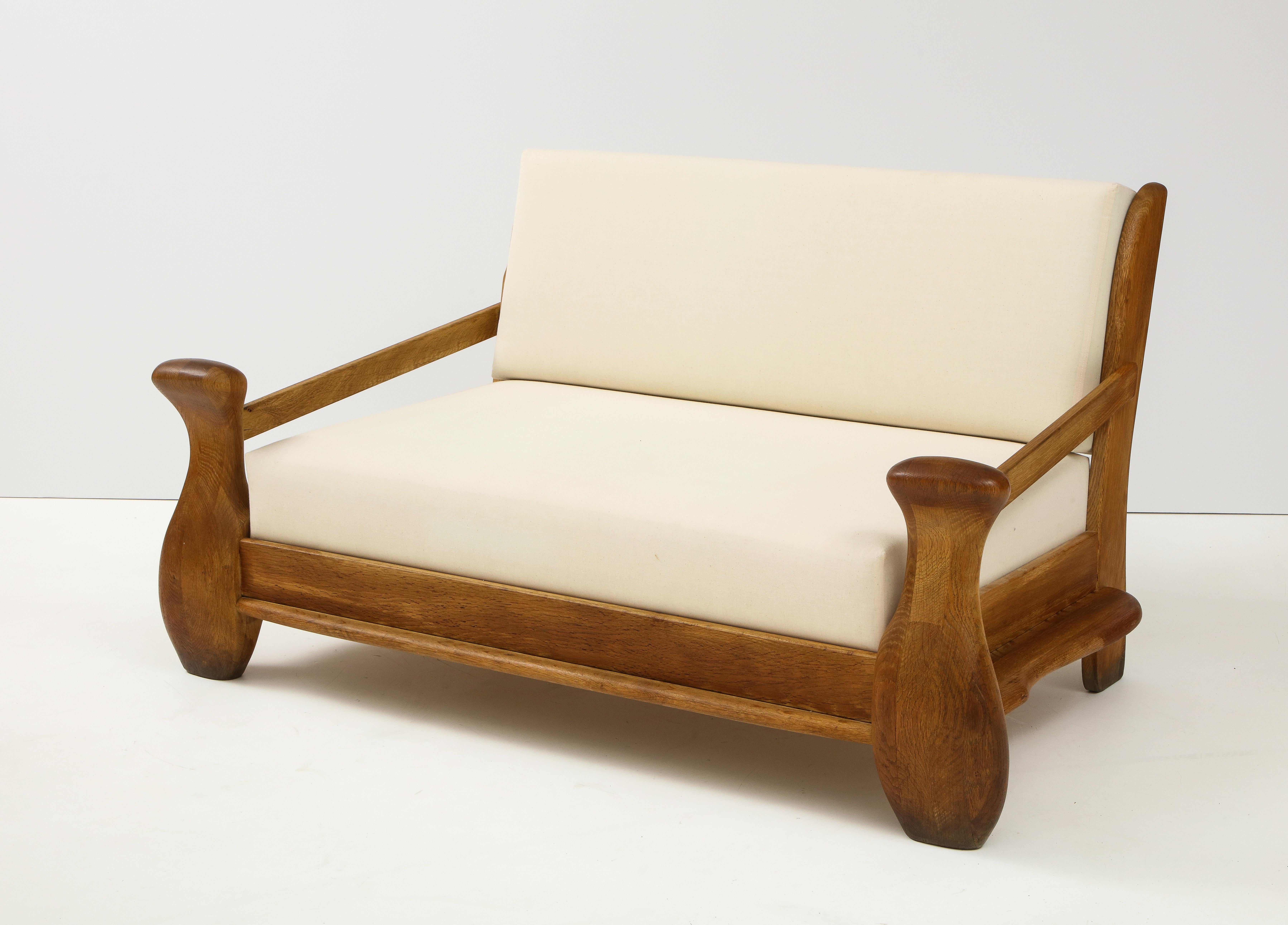 French Amorphic Oak & Linen Settee, France, 1960's In Good Condition In Brooklyn, NY