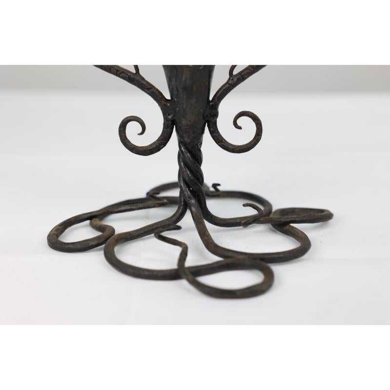Art Nouveau French hand made iron epergne with a green & Vaseline glass flower. For Sale 12