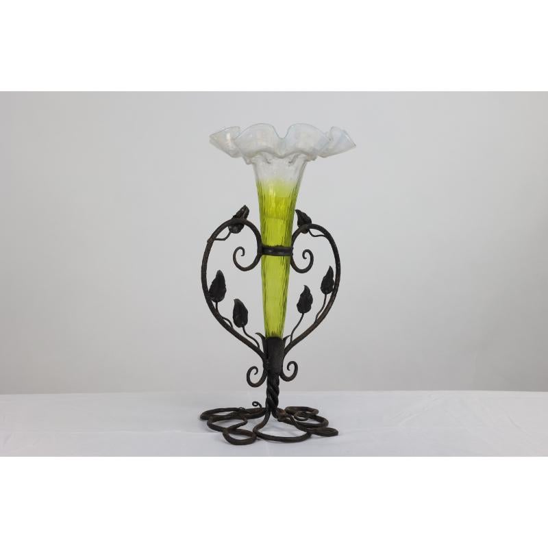 Hand-Crafted Art Nouveau French hand made iron epergne with a green & Vaseline glass flower. For Sale