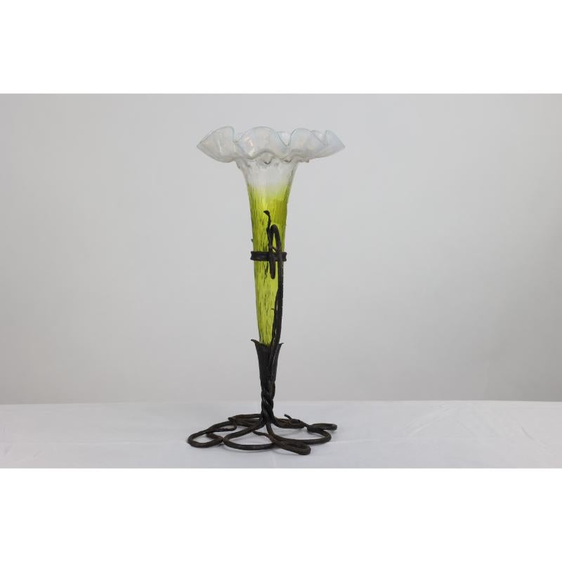 Hand-Crafted Art Nouveau French hand made iron epergne with a green & Vaseline glass flower. For Sale