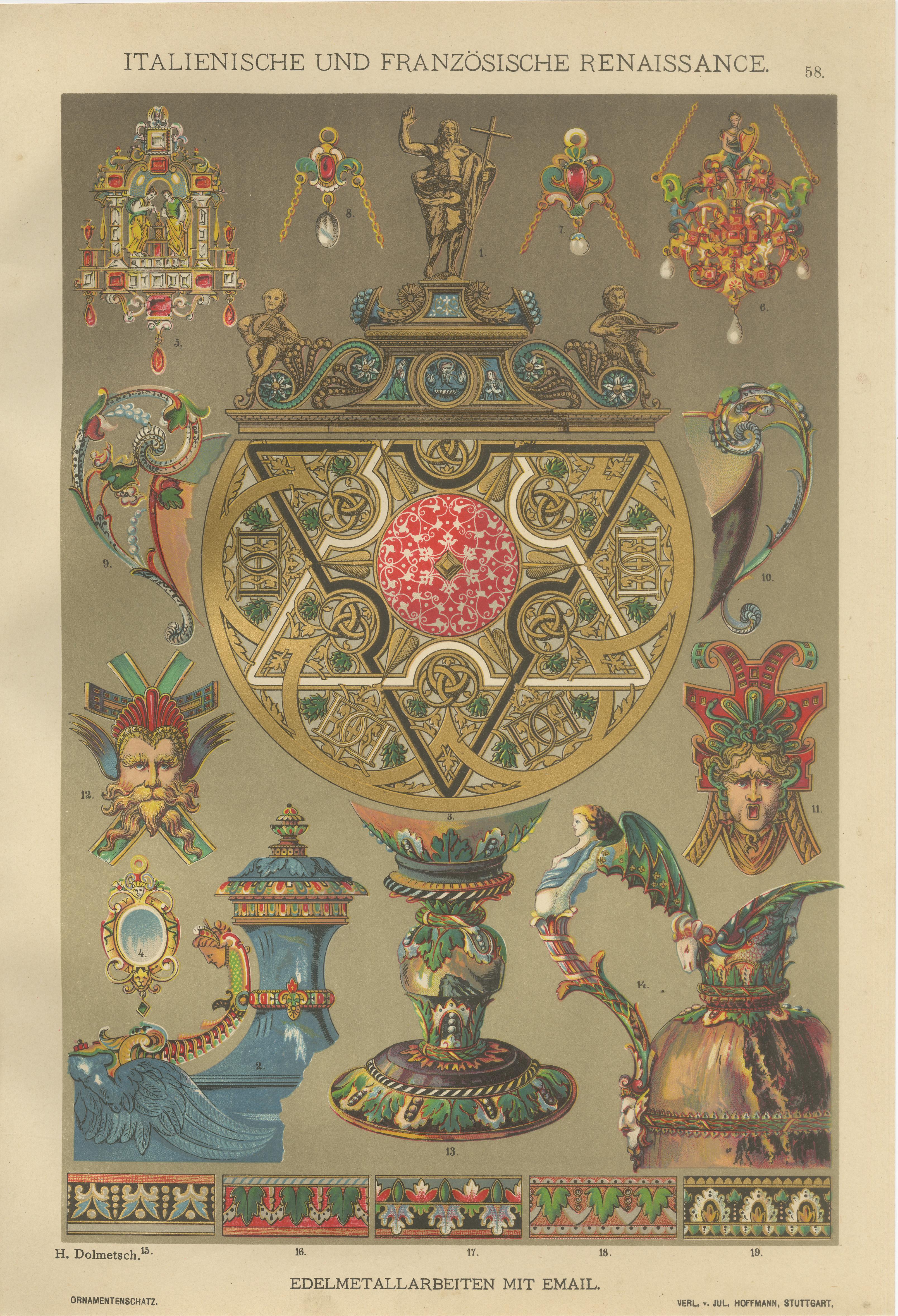 French and Italian Renaissance Ornament Prints by H. Dolmetsch, c. 1880, Set of 4

This exquisite set of four antique prints presents an impressive array of decorative designs from the French and Italian Renaissance, originally compiled and