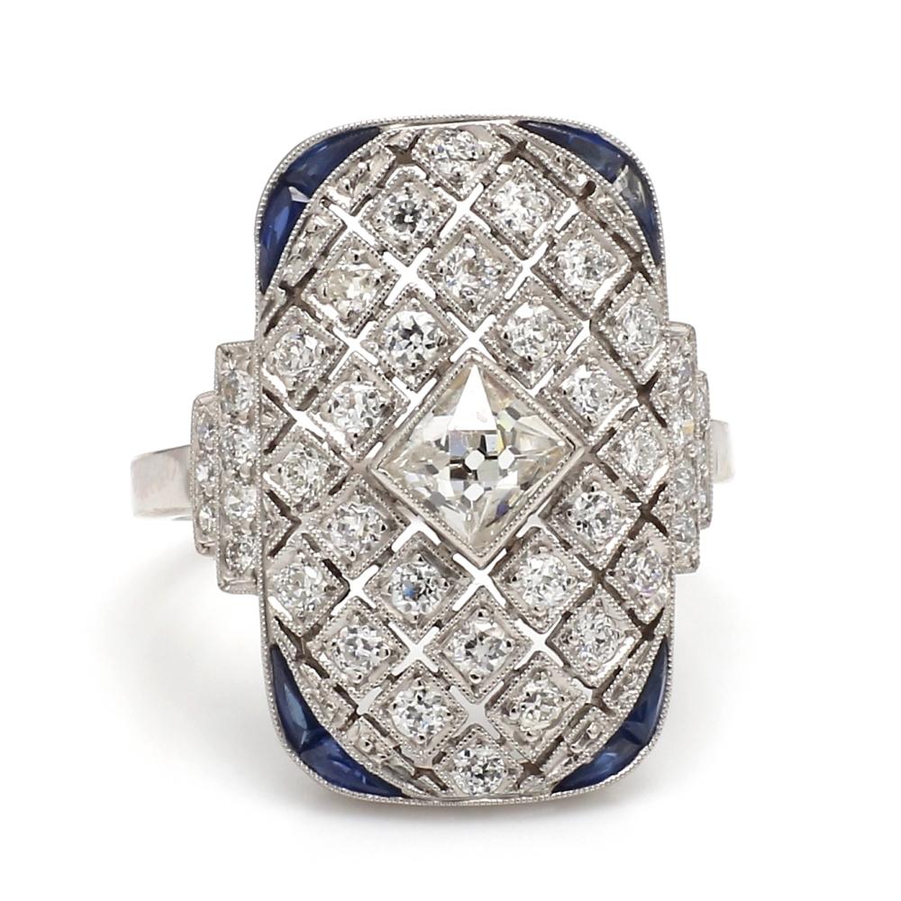French Cut French and Old Mine Cut Diamond Ring with Sapphire Accents For Sale