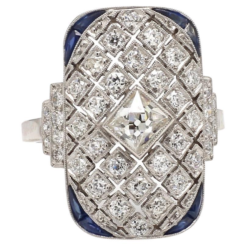 French and Old Mine Cut Diamond Ring with Sapphire Accents