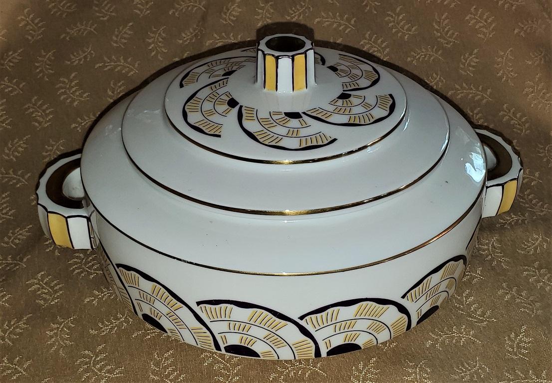 Hand-Painted French Andre Francois Limoges Art Deco Lidded Bowl For Sale