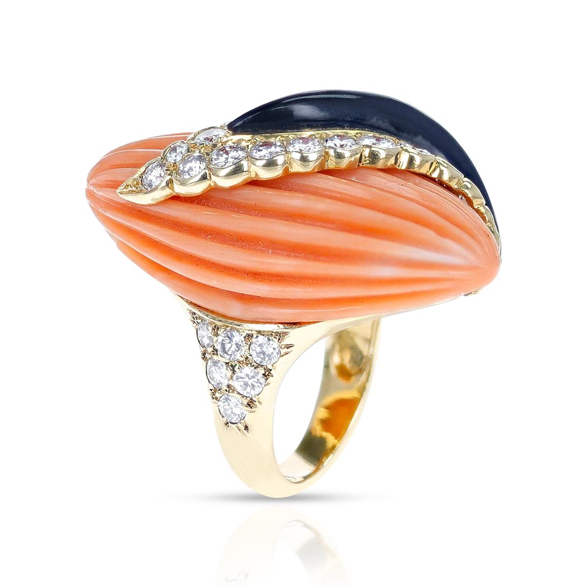 Round Cut French Andre Vassort Carved Coral, Onyx, and Diamond Ring For Sale