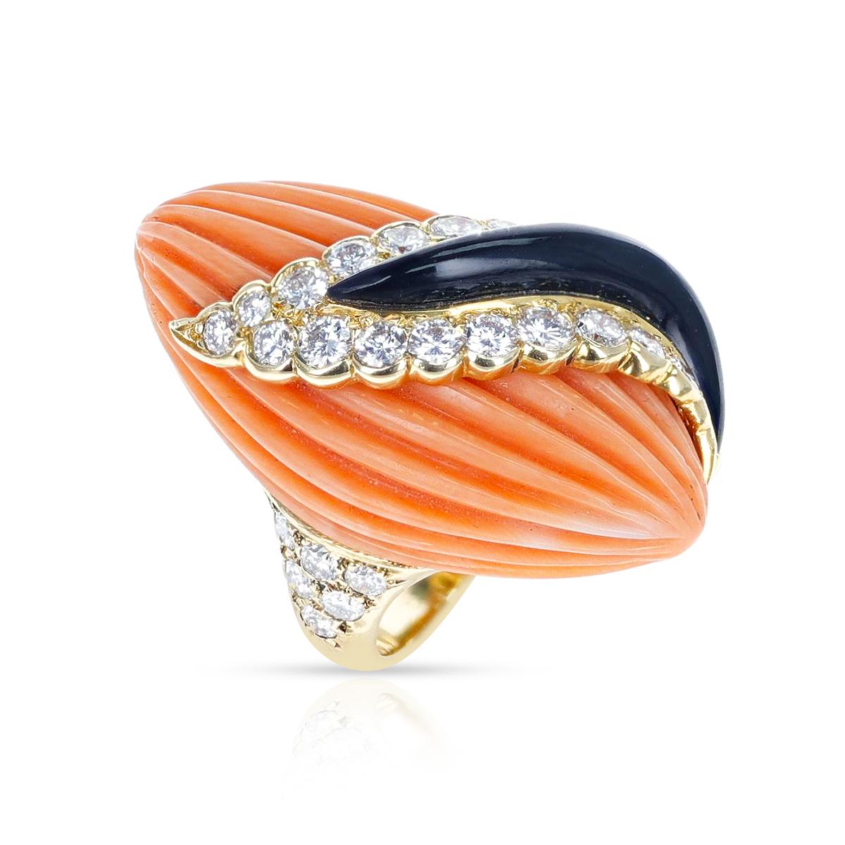 French Andre Vassort Carved Coral, Onyx, and Diamond Ring In Excellent Condition For Sale In New York, NY