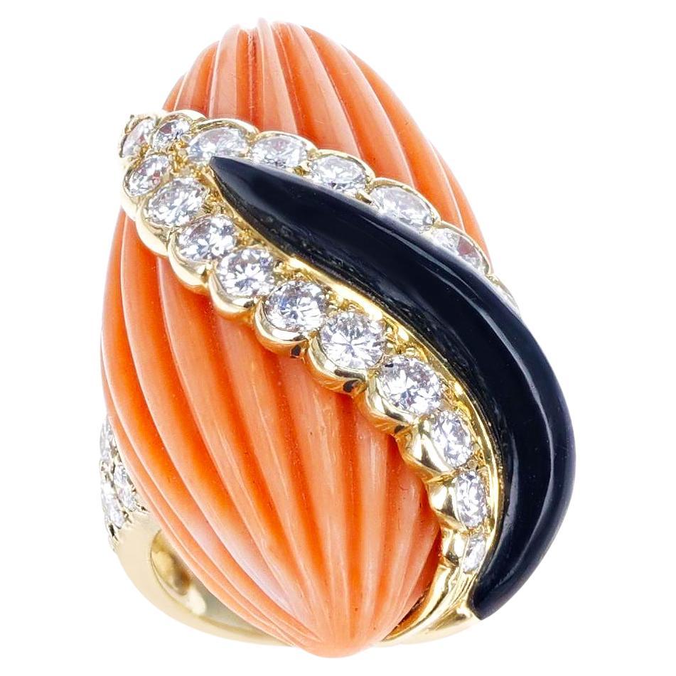 French Andre Vassort Carved Coral, Onyx, and Diamond Ring For Sale