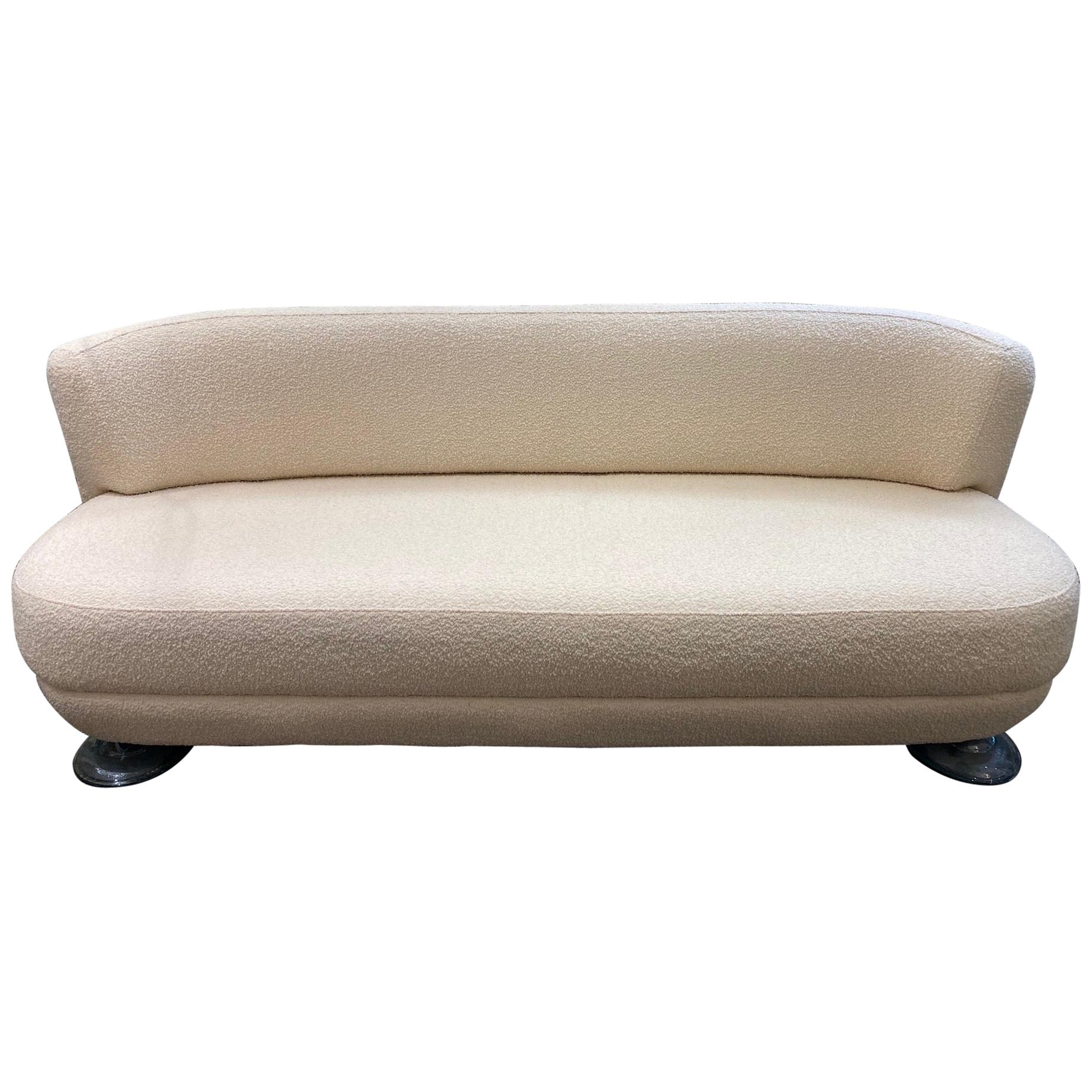 French Andrée Putman Restored and Reupholstered Boucle Ivory Sofa, circa 2001 For Sale