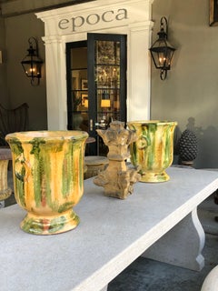 French Anduze Style Pottery Garden Pot with Yellow, Green and Brown Drip Glaze