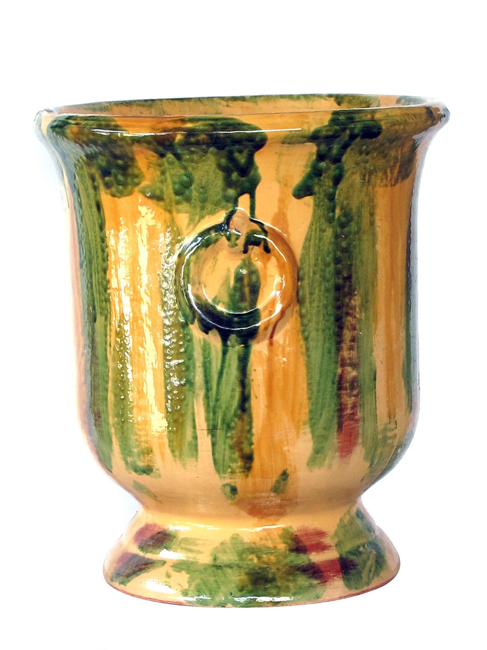 French Anduze Style Pottery Garden Pot with Yellow, Green and Brown Drip Glaze 1