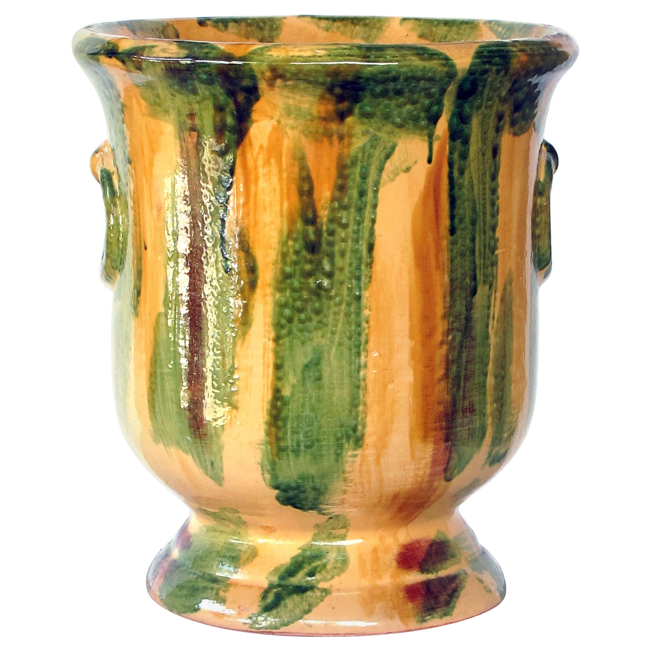 French Anduze Style Pottery Garden Pot with Yellow, Green and Brown Drip Glaze