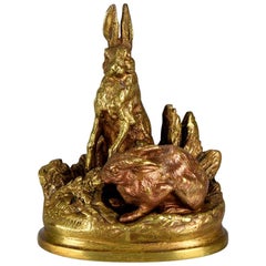 French Animalier Bronze Entitled "Deux Lièvres" by Alfred Dubucand
