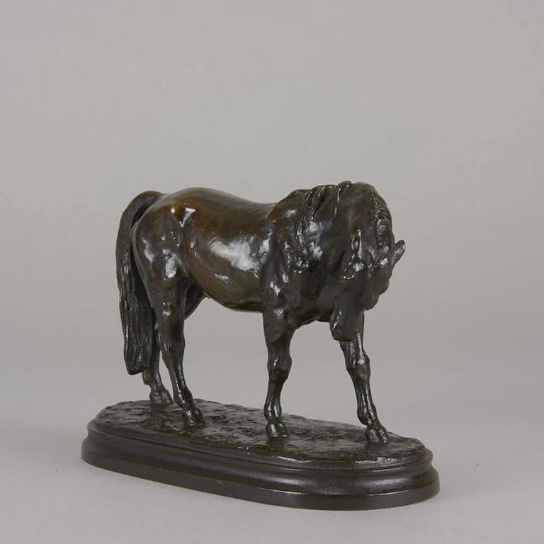 Fabuloso estudio de bronce animalier francés de finales del siglo XIX de un caballo de pie con una maravillosa pátina marrón oscuro ligeramente frotada a marrón medio/dorado y excelentes detalles nítidos en la superficie, elevado sobre una base